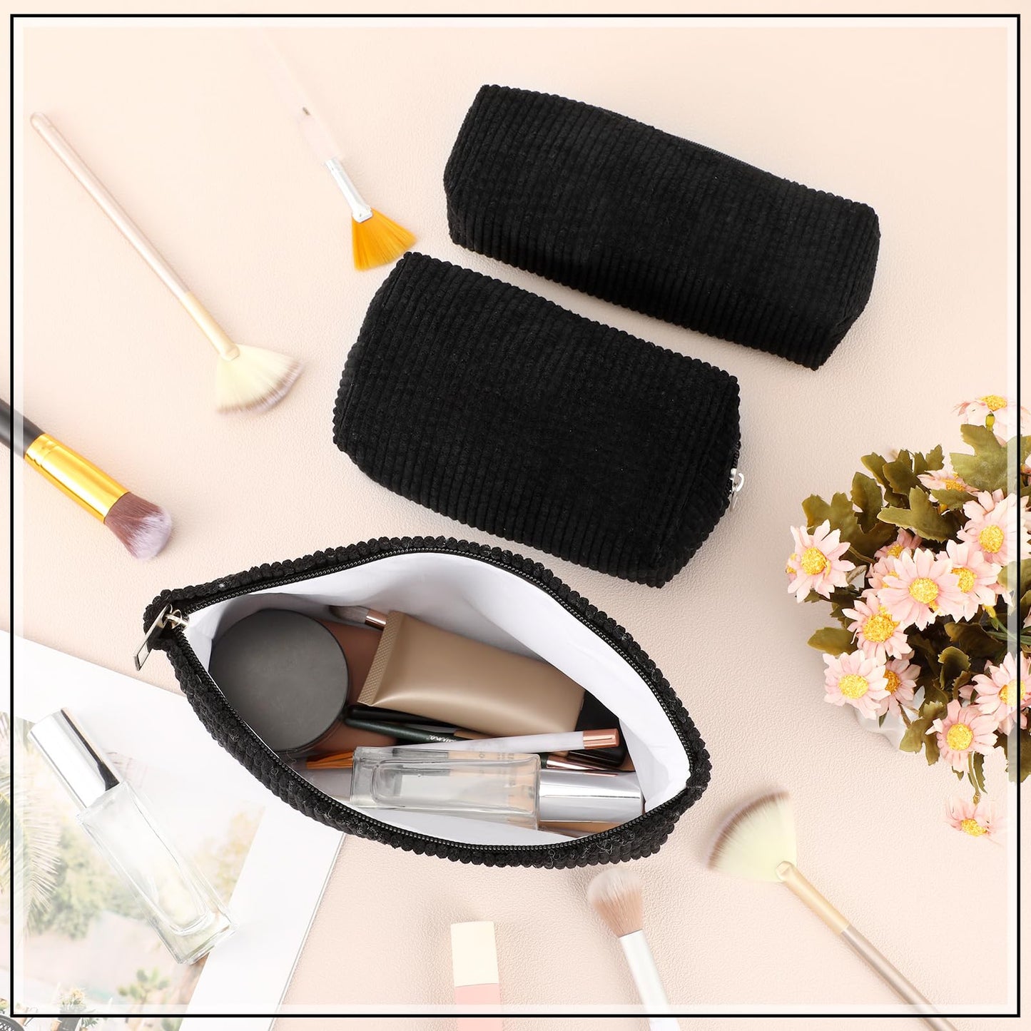 Huhumy 3 Pcs Corduroy Makeup Bag Set for Women Cute Pencil Case, Black,Solid Style