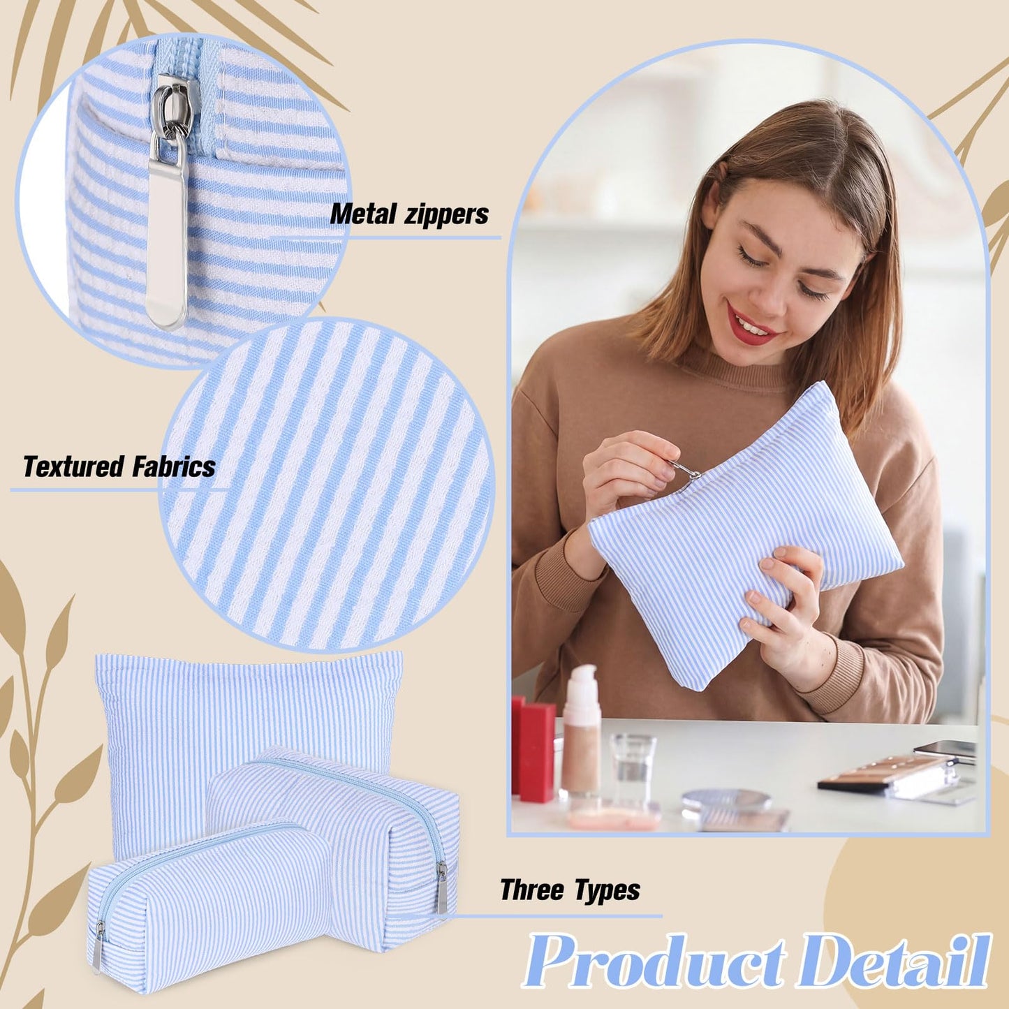 Huhumy 3 Pcs Makeup Bag Set Cute Stripe Cosmetic Pouch for Women Aesthetic Seersucker Travel Toiletry Bag Set Preppy Small Makeup Purse Pouch Cosmetic Organizer Pencil Case with Zipper(Blue)