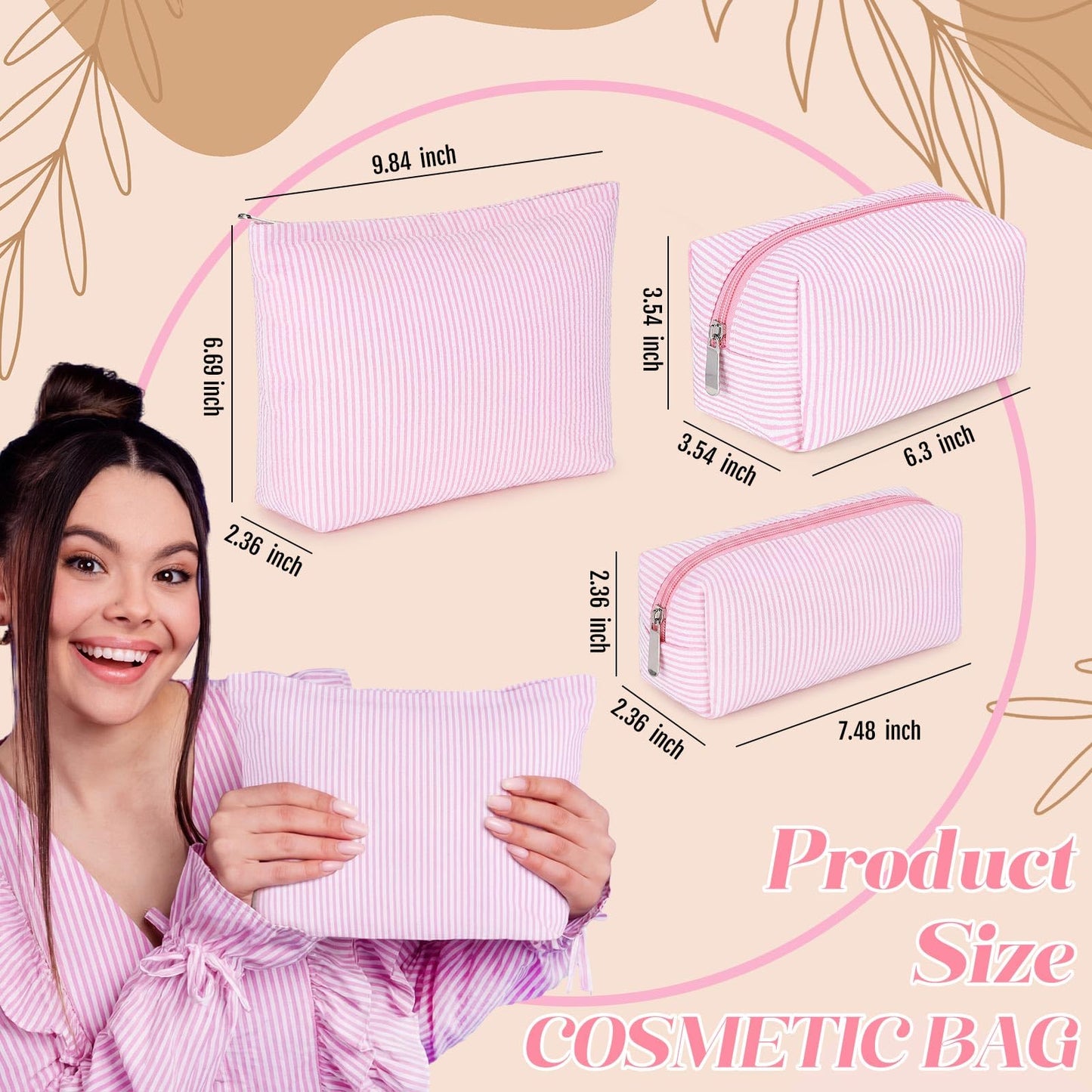 Huhumy 3 Pcs Makeup Bag Set Cute Stripe Cosmetic Pouch for Women Aesthetic Seersucker Travel Toiletry Bag Set Preppy Small Makeup Purse Pouch Cosmetic Organizer Pencil Case with Zipper(Pink)
