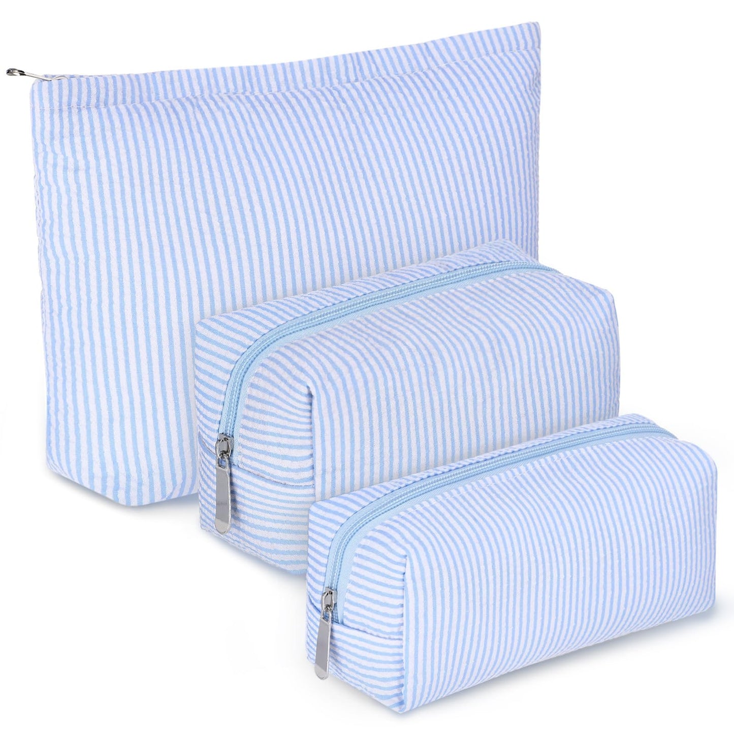 Huhumy 3 Pcs Makeup Bag Set Cute Stripe Cosmetic Pouch for Women Aesthetic Seersucker Travel Toiletry Bag Set Preppy Small Makeup Purse Pouch Cosmetic Organizer Pencil Case with Zipper(Blue)