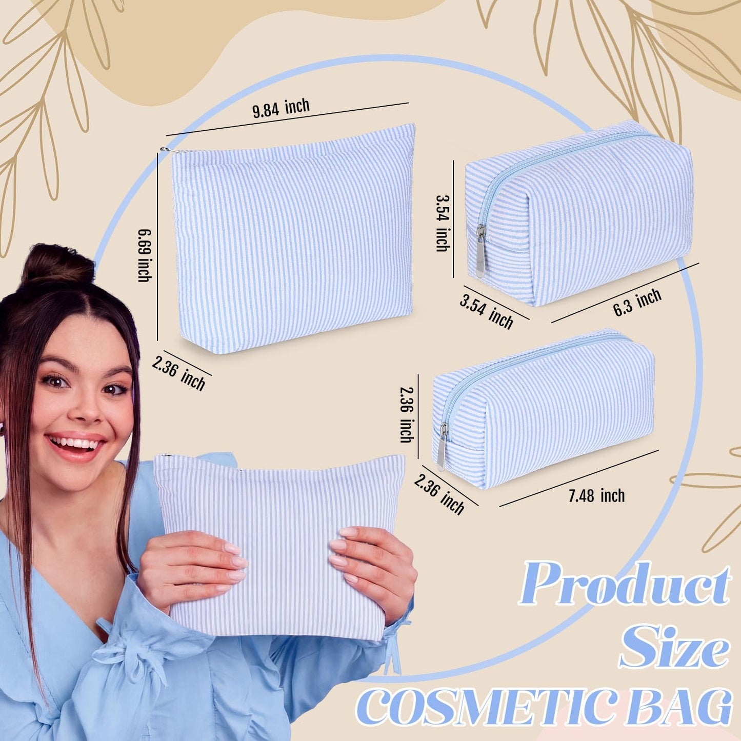 Huhumy 3 Pcs Makeup Bag Set Cute Stripe Cosmetic Pouch for Women Aesthetic Seersucker Travel Toiletry Bag Set Preppy Small Makeup Purse Pouch Cosmetic Organizer Pencil Case with Zipper(Blue)