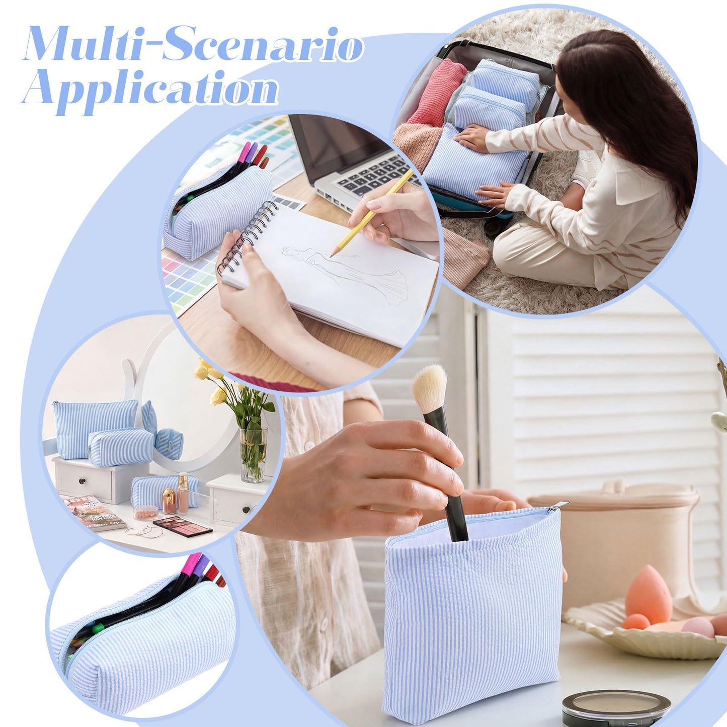 Huhumy 3 Pcs Makeup Bag Set Cute Stripe Cosmetic Pouch for Women Aesthetic Seersucker Travel Toiletry Bag Set Preppy Small Makeup Purse Pouch Cosmetic Organizer Pencil Case with Zipper(Blue)