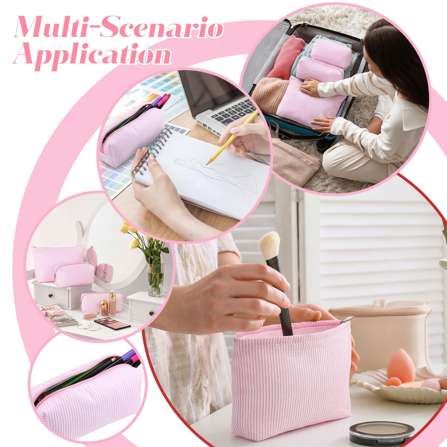 Huhumy 3 Pcs Makeup Bag Set Cute Stripe Cosmetic Pouch for Women Aesthetic Seersucker Travel Toiletry Bag Set Preppy Small Makeup Purse Pouch Cosmetic Organizer Pencil Case with Zipper(Pink)