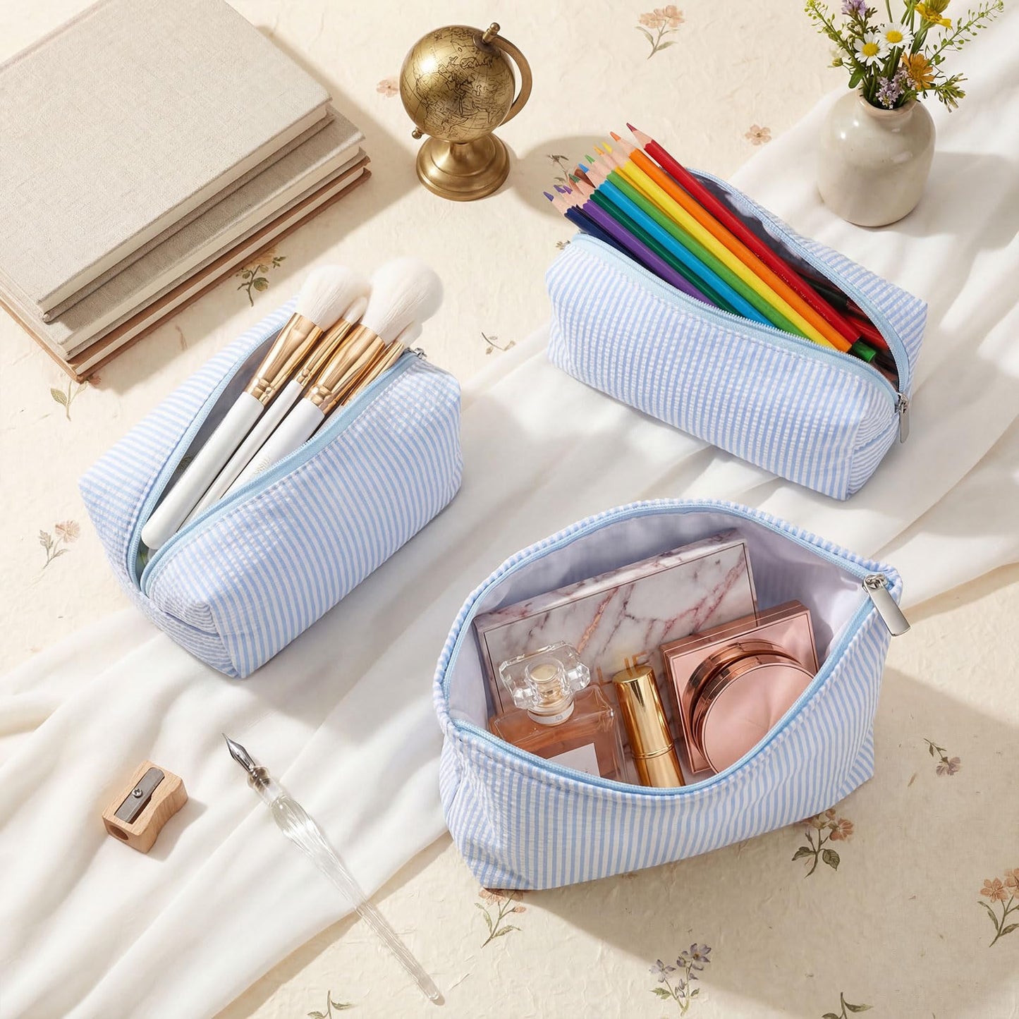 Huhumy 3 Pcs Makeup Bag Set Cute Stripe Cosmetic Pouch for Women Aesthetic Seersucker Travel Toiletry Bag Set Preppy Small Makeup Purse Pouch Cosmetic Organizer Pencil Case with Zipper(Blue)