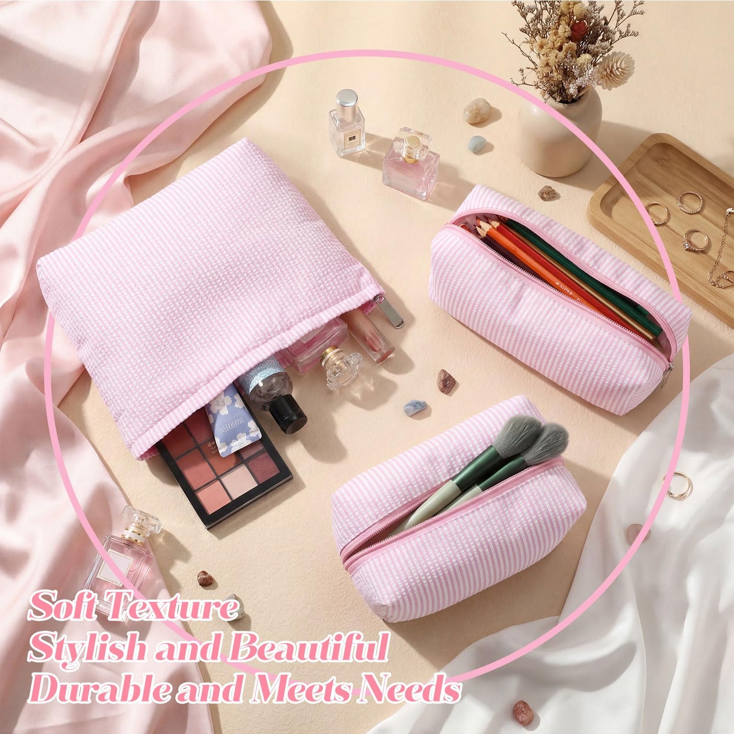 Huhumy 3 Pcs Makeup Bag Set Cute Stripe Cosmetic Pouch for Women Aesthetic Seersucker Travel Toiletry Bag Set Preppy Small Makeup Purse Pouch Cosmetic Organizer Pencil Case with Zipper(Pink)