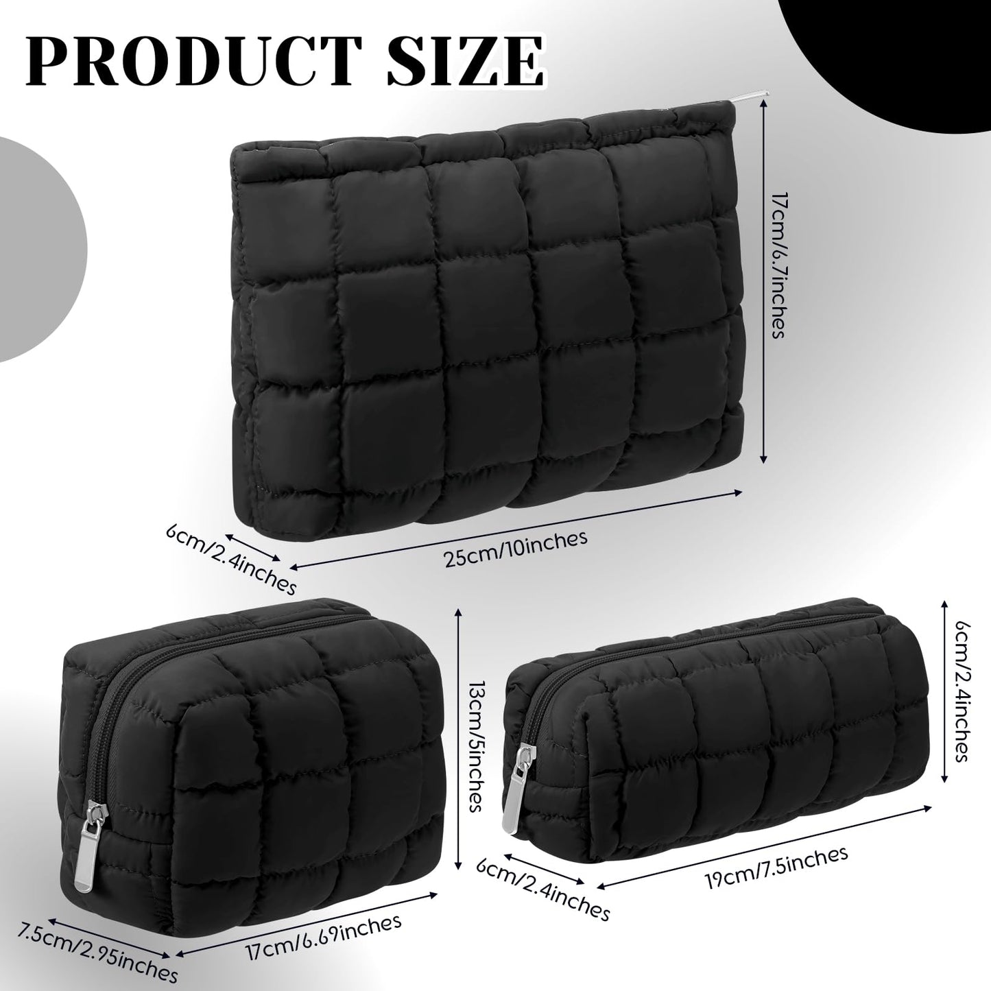Huhumy 3 Pcs Puffy Makeup Bag Quilted Cosmetic Pouch for Women Cute Checkered Travel Toiletry Bag Puffer Makeup Organizer Purse Pouch Preppy Pencil Case with Zipper(Black)