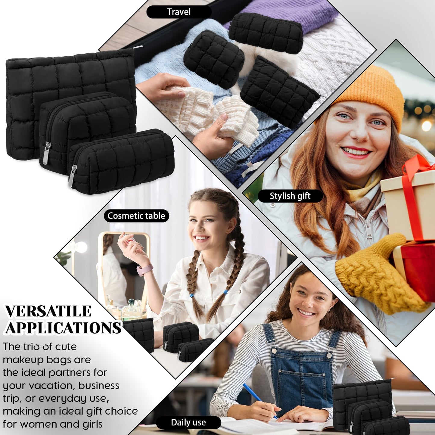 Huhumy 3 Pcs Puffy Makeup Bag Quilted Cosmetic Pouch for Women Cute Checkered Travel Toiletry Bag Puffer Makeup Organizer Purse Pouch Preppy Pencil Case with Zipper(Black)