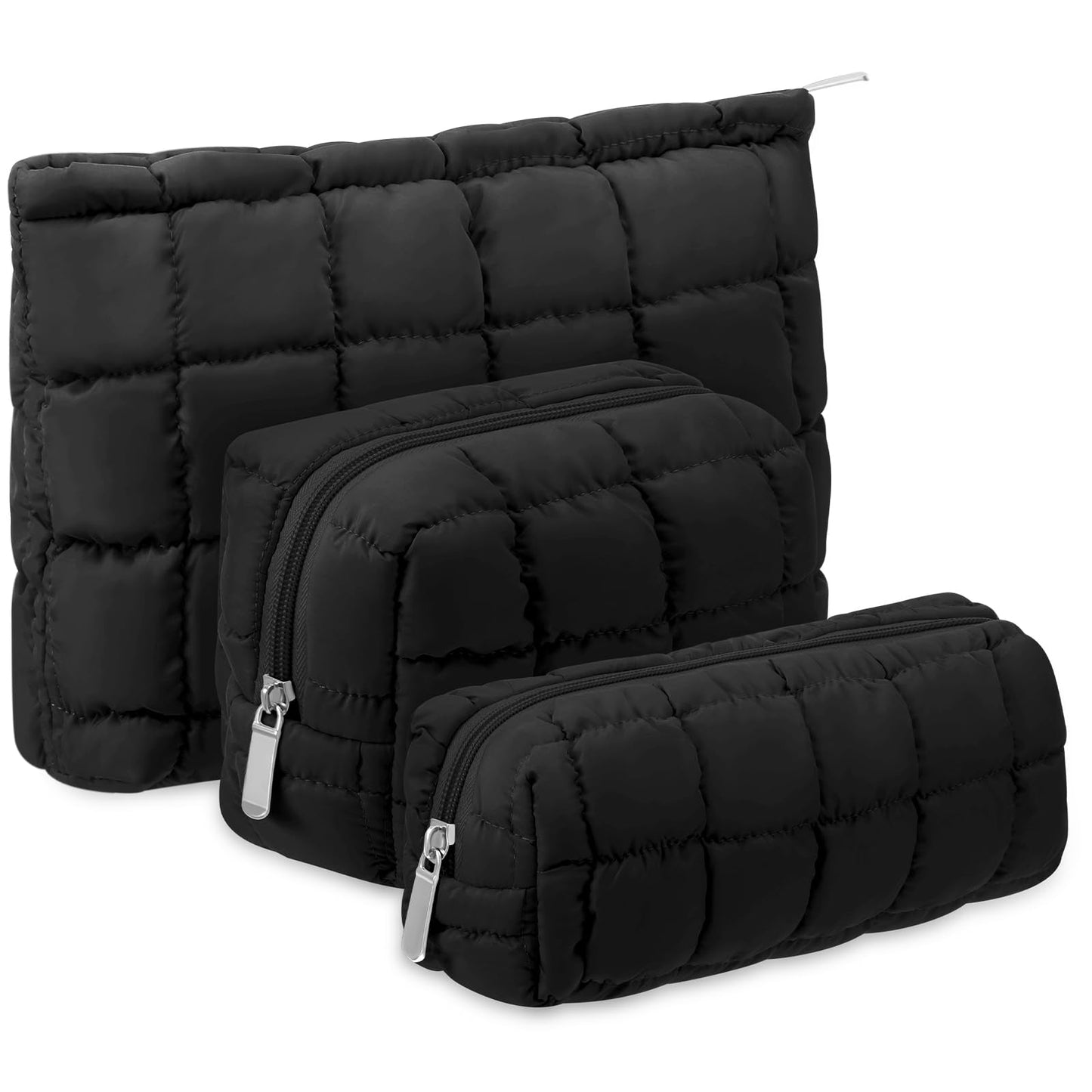 Huhumy 3 Pcs Puffy Makeup Bag Quilted Cosmetic Pouch for Women Cute Checkered Travel Toiletry Bag Puffer Makeup Organizer Purse Pouch Preppy Pencil Case with Zipper(Black)