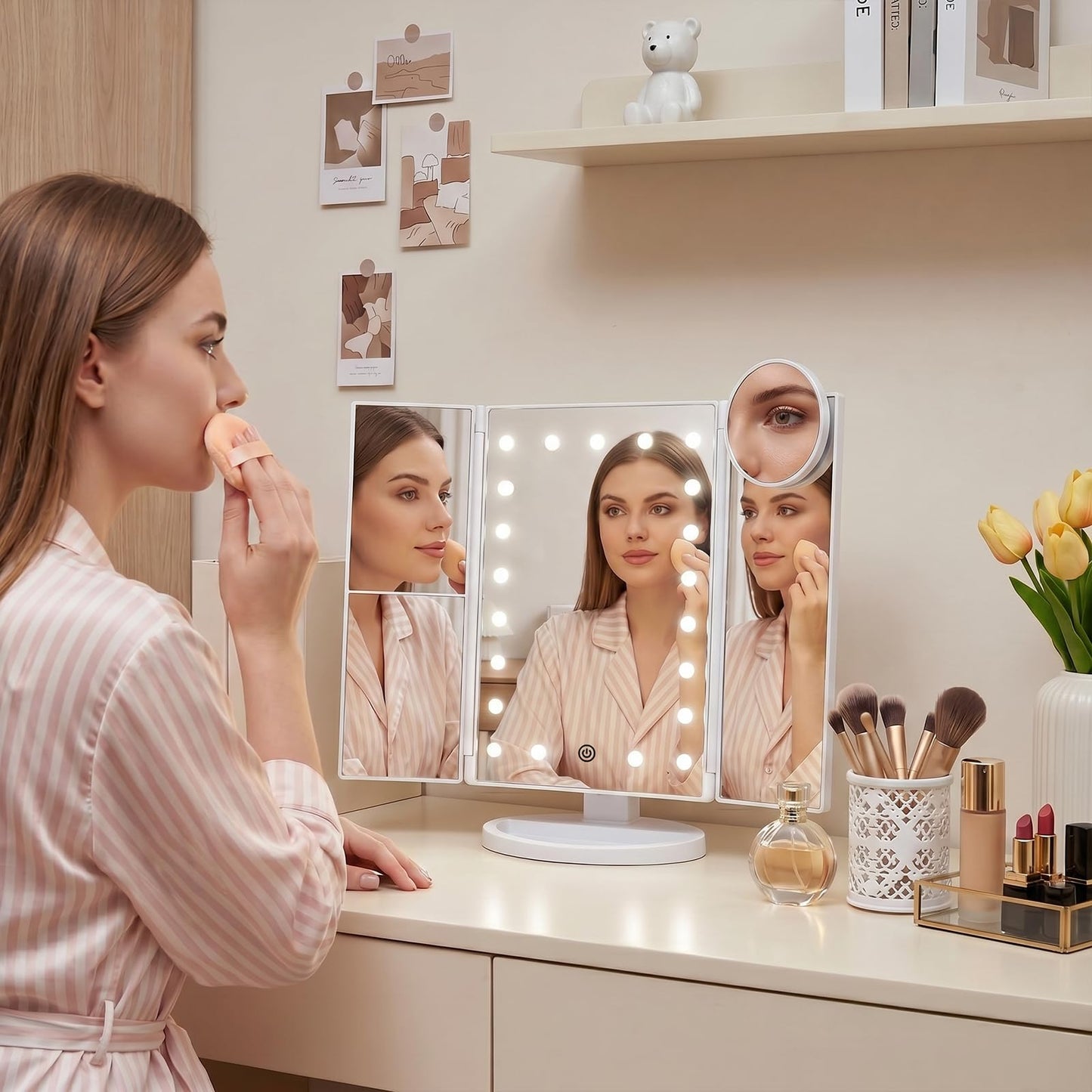 HUONUL 2X/3X/10X Magnifying Vanity Mirror with Light, Trifold Makeup Mirror
