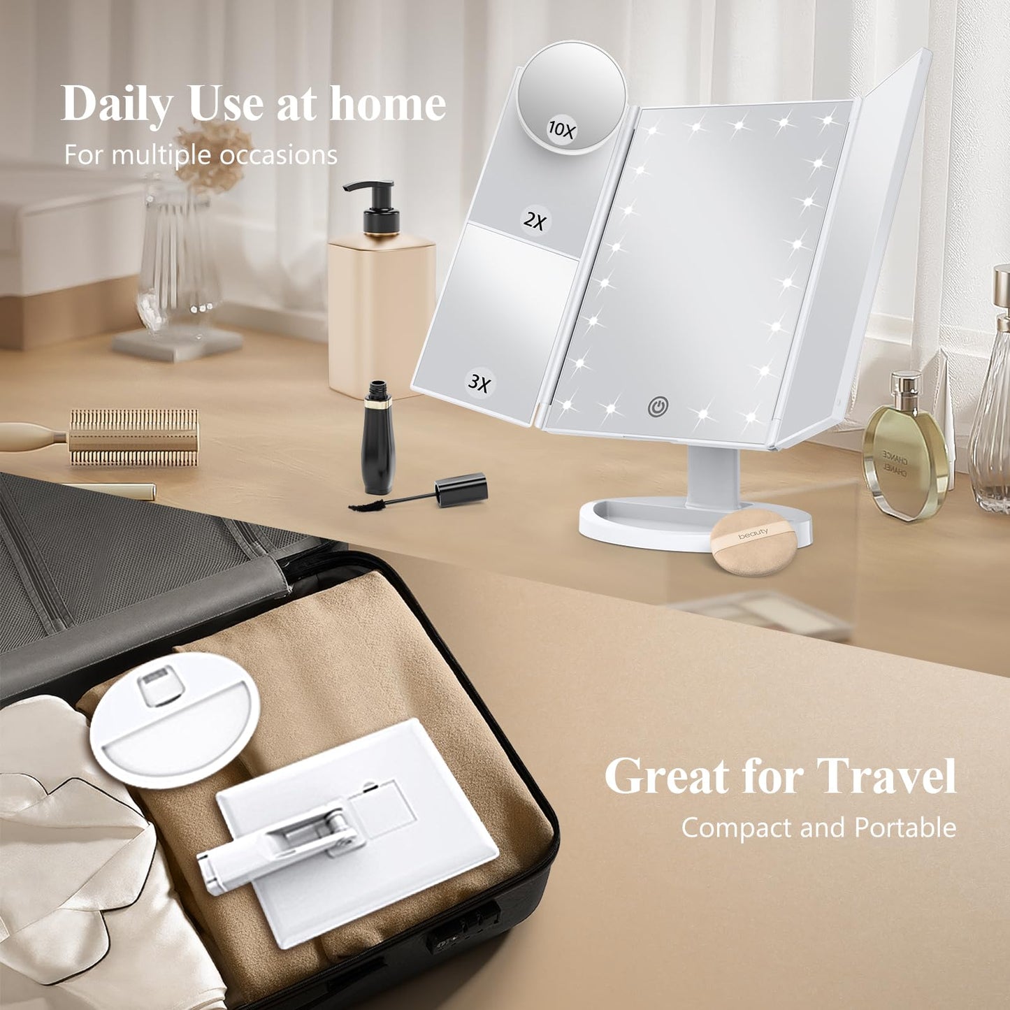 HUONUL 2X/3X/10X Magnifying Vanity Mirror with Light, Trifold Makeup Mirror