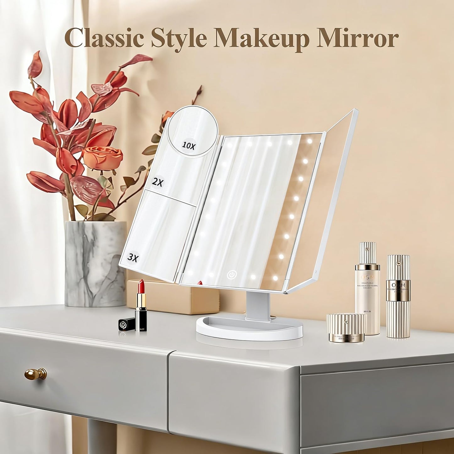 HUONUL 2X/3X/10X Magnifying Vanity Mirror with Light, Trifold Makeup Mirror