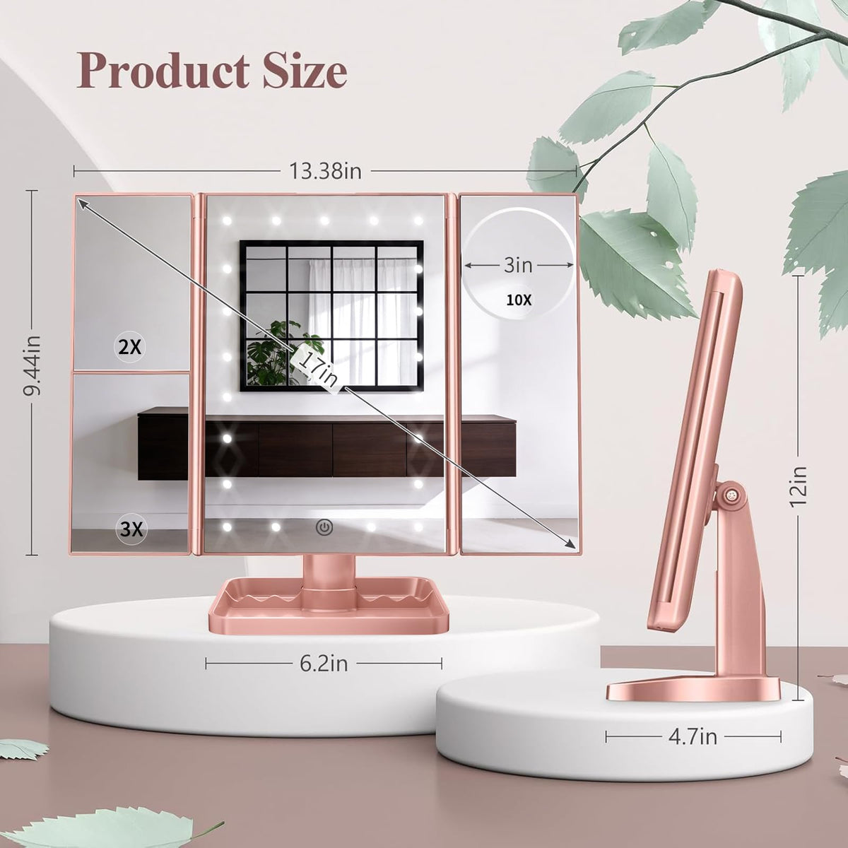HUONUL 2X/3X/10X Magnifying Vanity Mirror with Light, Trifold Makeup Mirror