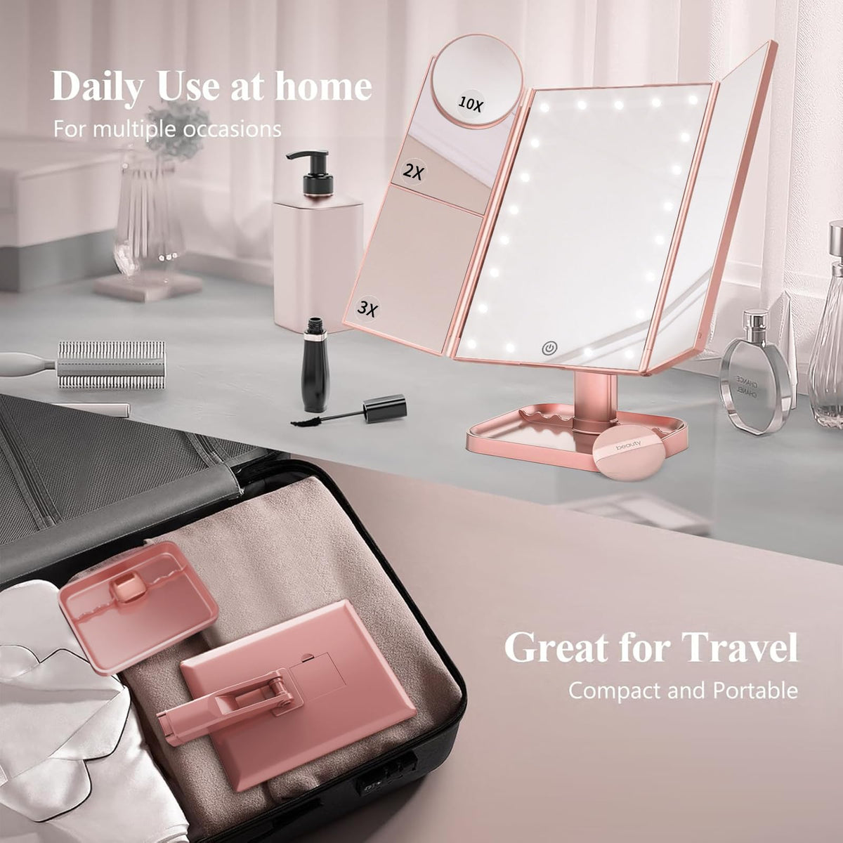 HUONUL 2X/3X/10X Magnifying Vanity Mirror with Light, Trifold Makeup Mirror