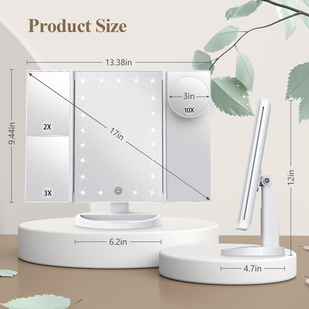 HUONUL 2X/3X/10X Magnifying Vanity Mirror with Light, Trifold Makeup Mirror