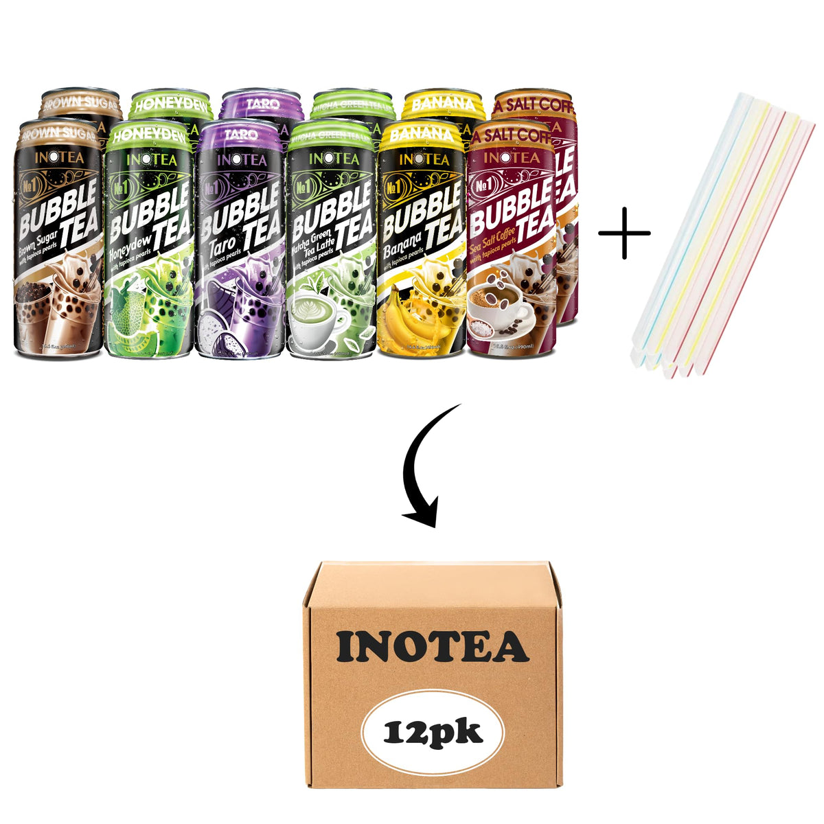 HYOJATEM INOTEA Bubble Tea Pack of 12 – 16.6oz Cans, Black Tea with Boba