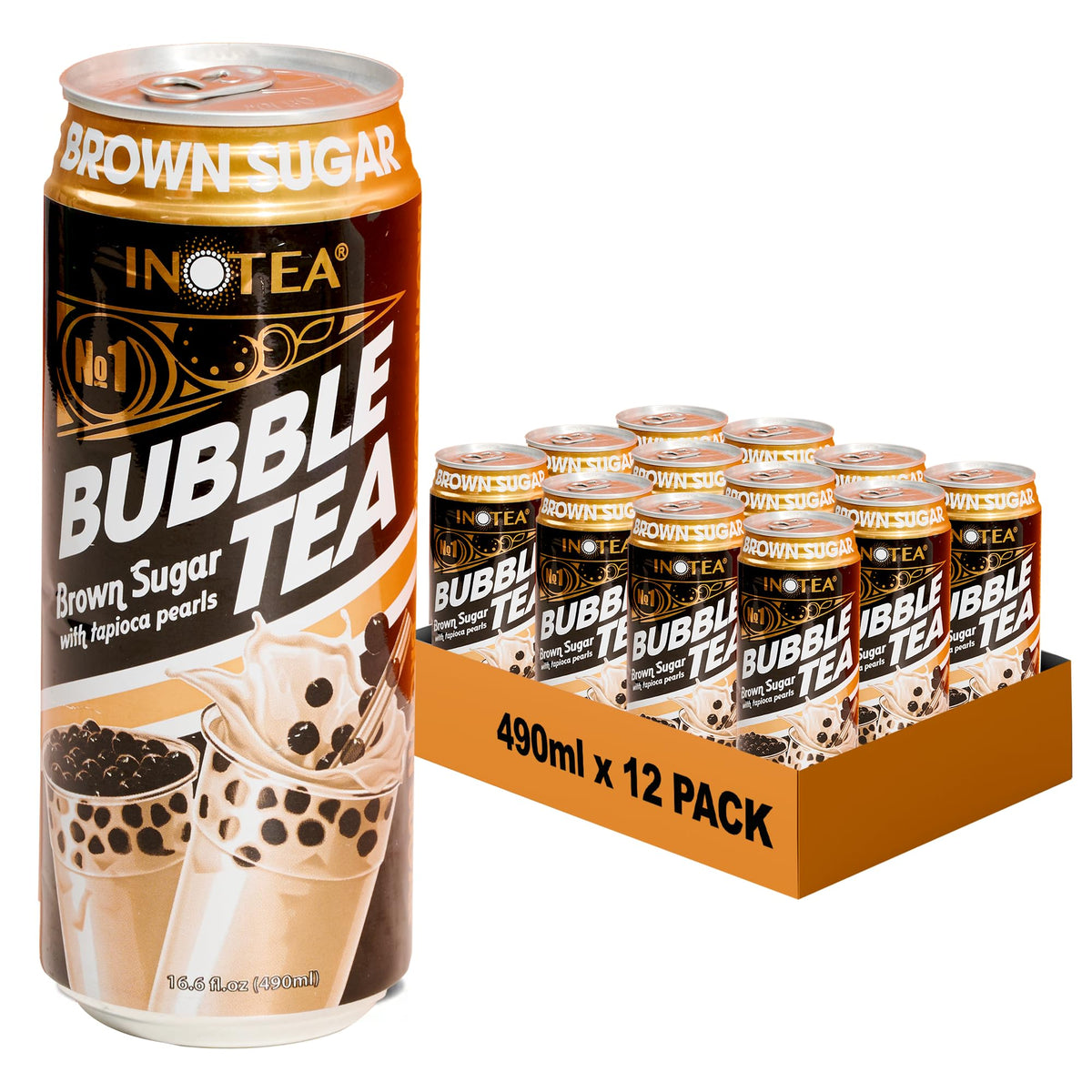 INOTEA Bubble Tea with Tapioca Pearls – Ready-to-Drink Brown Sugar Boba, 16.6 oz Cans (12-Pack)