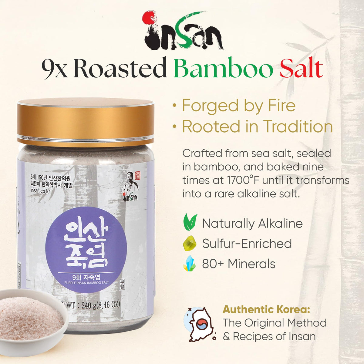 Insan 9X Roasted Bamboo Salt – Korean Alkaline Mineral Sea Salt (240g) for Cooking, Beauty & Skincare