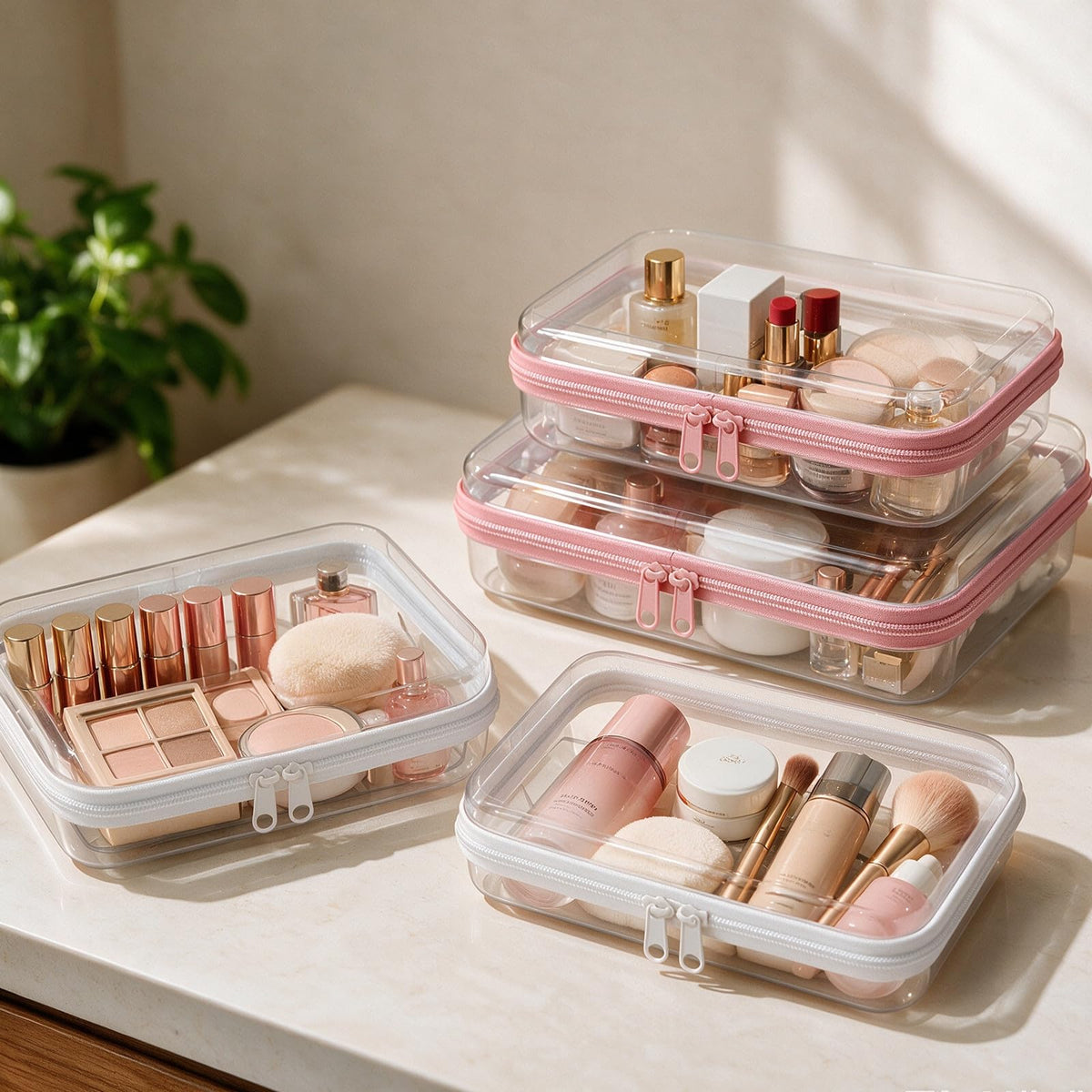 Jiejieko 4 pcs Clear Hard Shell Zipper Case, Water-Resistant Travel Makeup Bag, Diaper Bag Organizer Pouches,Clear Toiletry Bags (Pink)