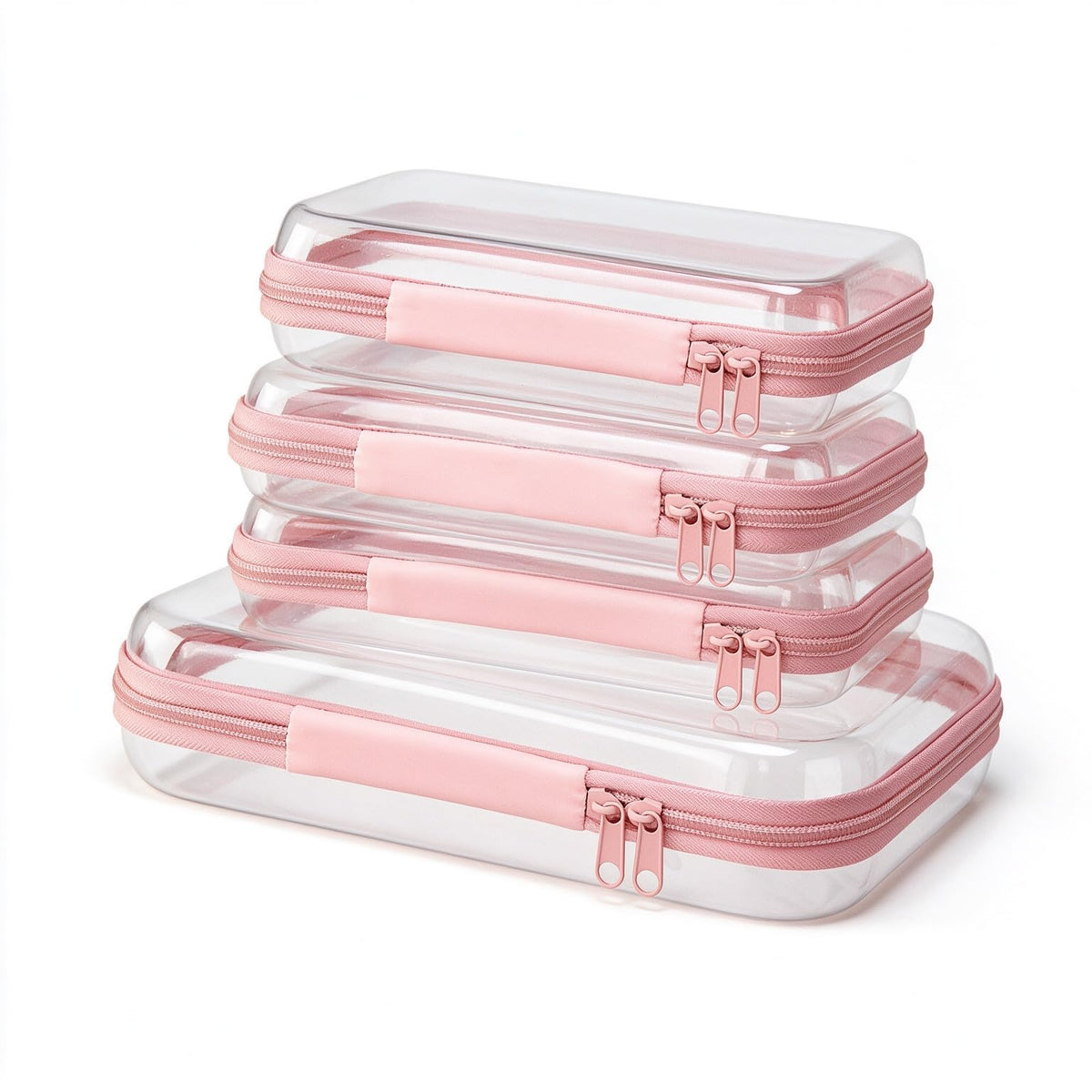 Jiejieko 4 pcs Clear Hard Shell Zipper Case, Water-Resistant Travel Makeup Bag, Diaper Bag Organizer Pouches,Clear Toiletry Bags (Pink)