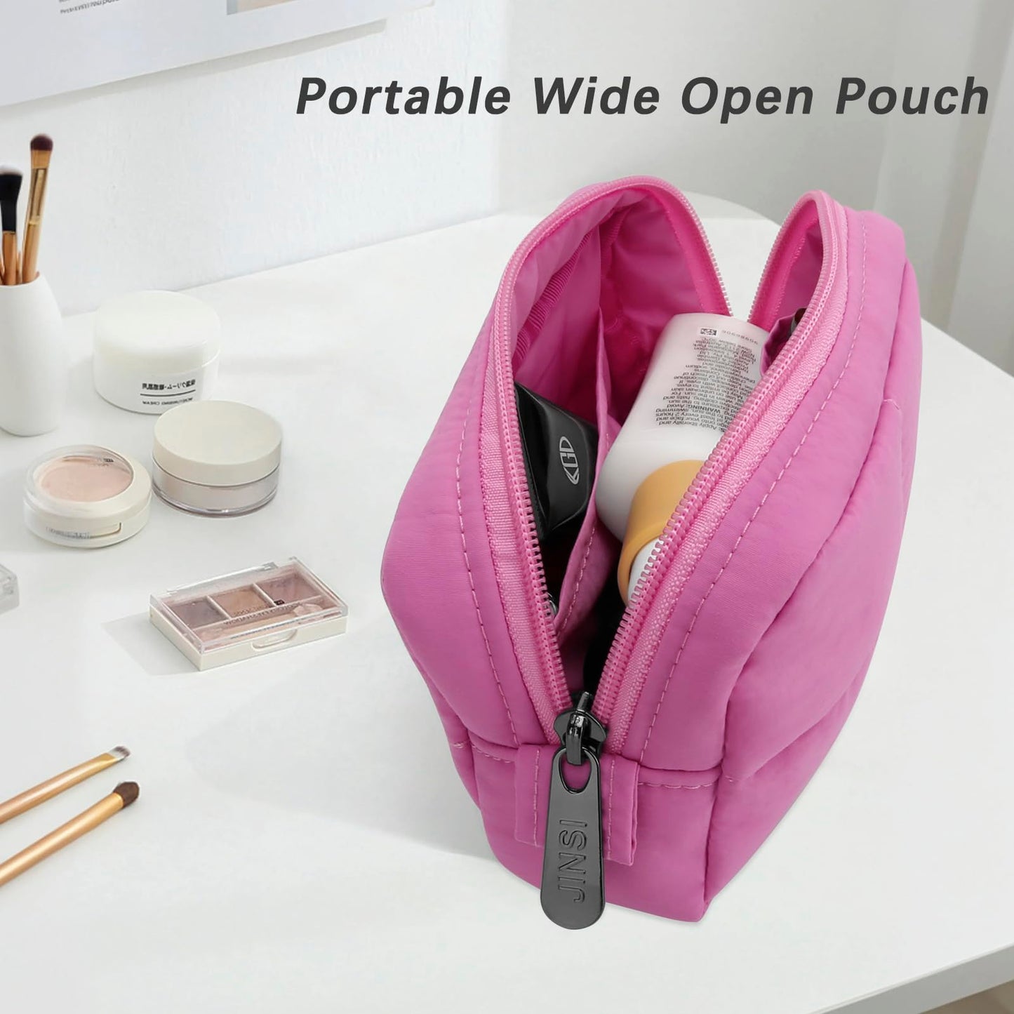 JINSI Small Makeup Bag for Purse, Quilted Travel Cosmetic Bag, Zipper Cosmetic Pouch Organizer Toiletry Bag, Make Up Bags for Women Girls, Rose