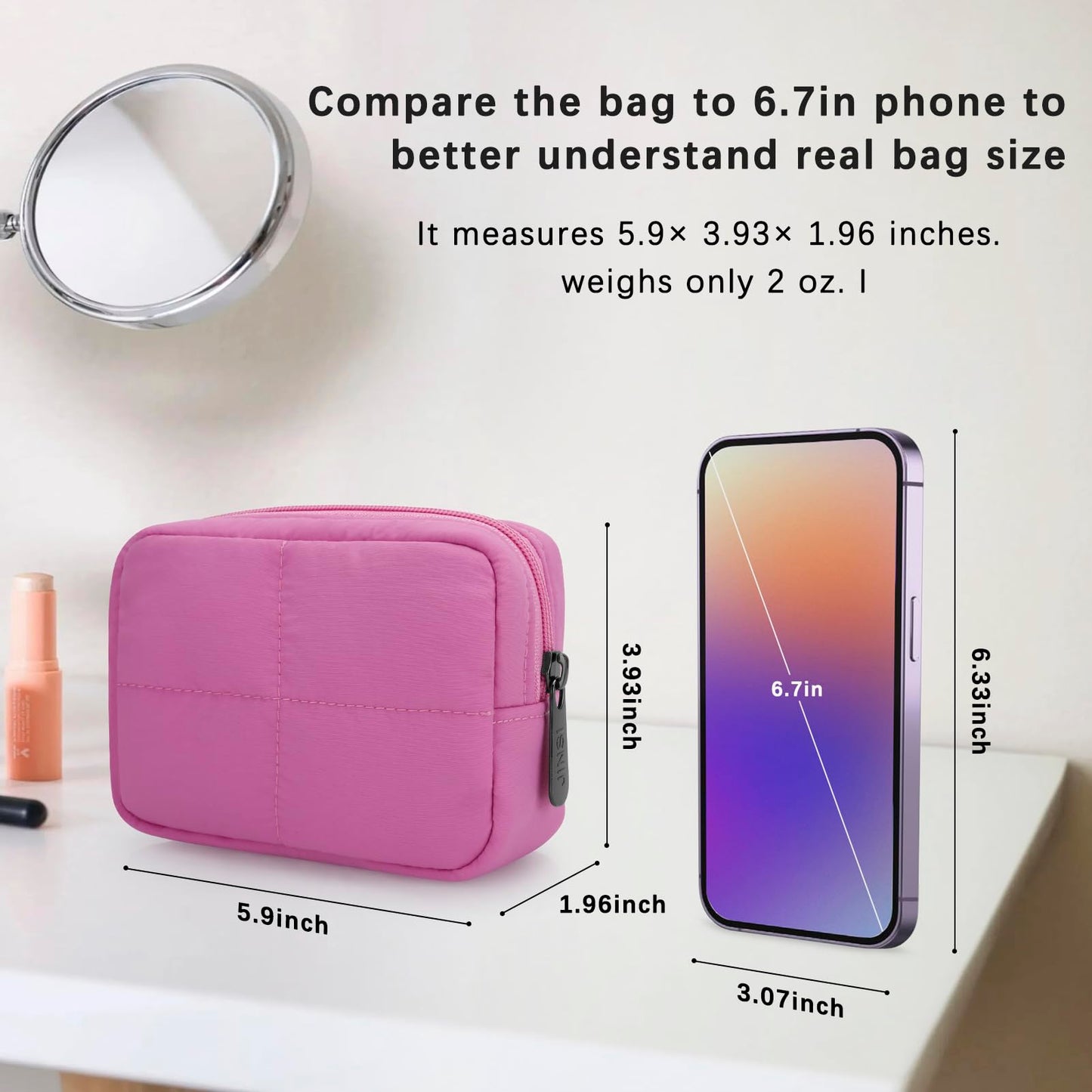 JINSI Small Makeup Bag for Purse, Quilted Travel Cosmetic Bag, Zipper Cosmetic Pouch Organizer Toiletry Bag, Make Up Bags for Women Girls, Rose