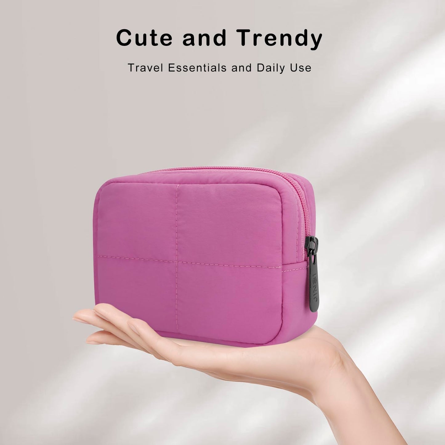 JINSI Small Makeup Bag for Purse, Quilted Travel Cosmetic Bag, Zipper Cosmetic Pouch Organizer Toiletry Bag, Make Up Bags for Women Girls, Rose