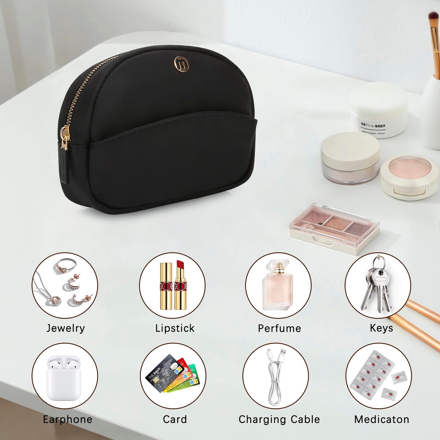 JINSI Small Travel Makeup Bag, Nylon Cosmetic Toiletry Organizer Pouch