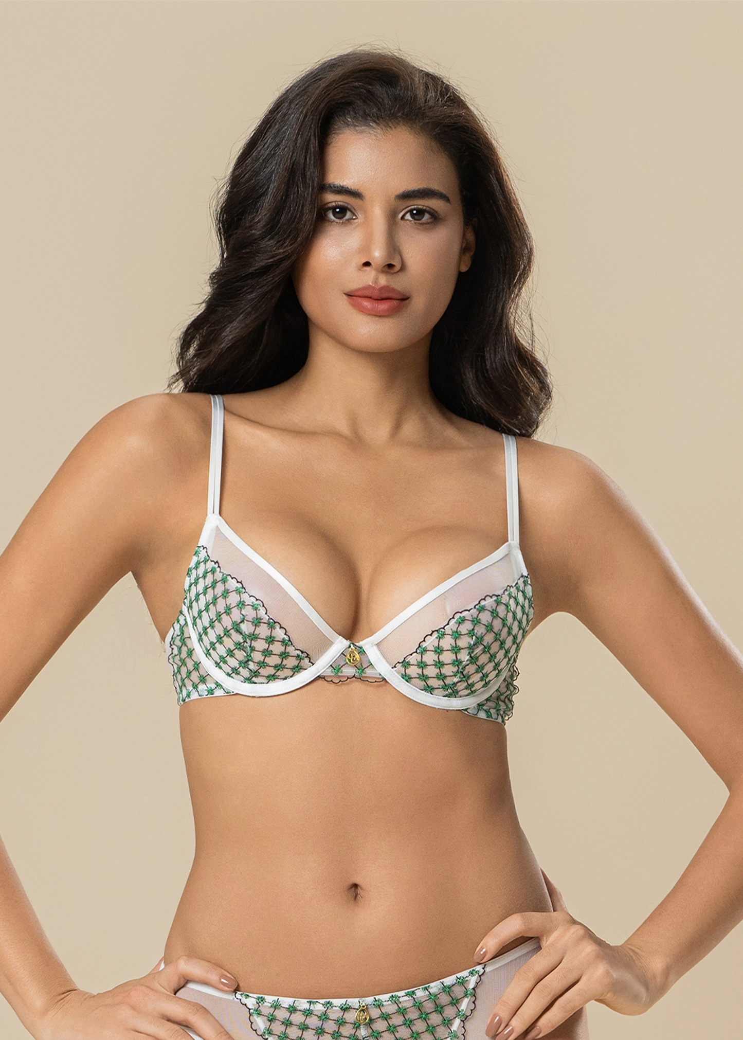 JOCELYN Delicate White Lace Underwired Demi Bra With Green Floral Embroidery