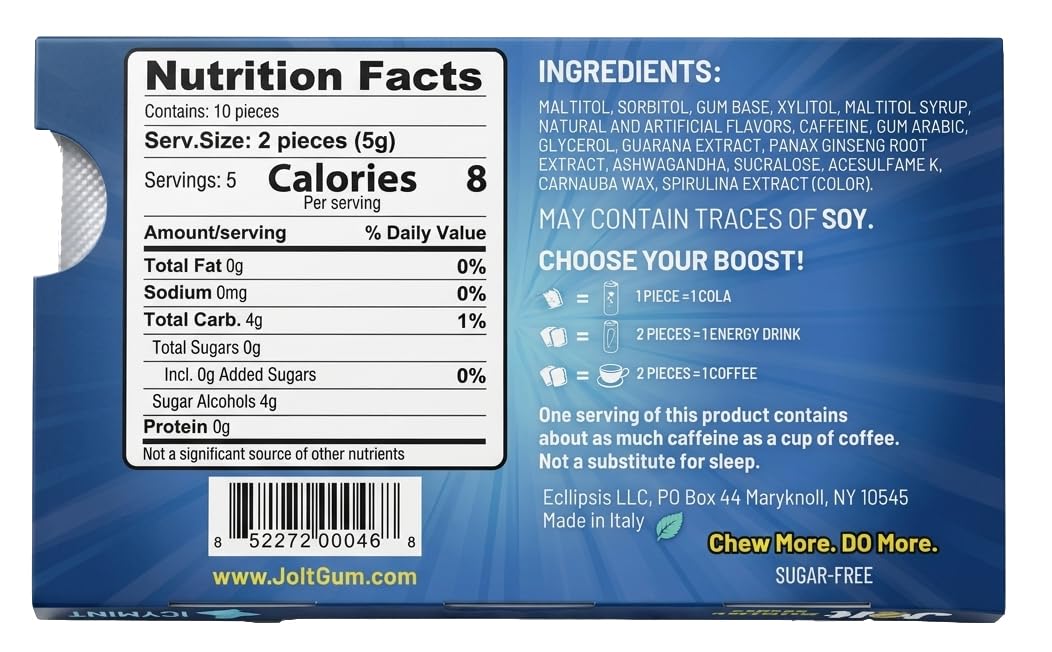 Jolt Energy Gum - Icy Mint (12 Pack, 120 Pieces) Sugar Free | Caffeine, Guarana & Ginseng