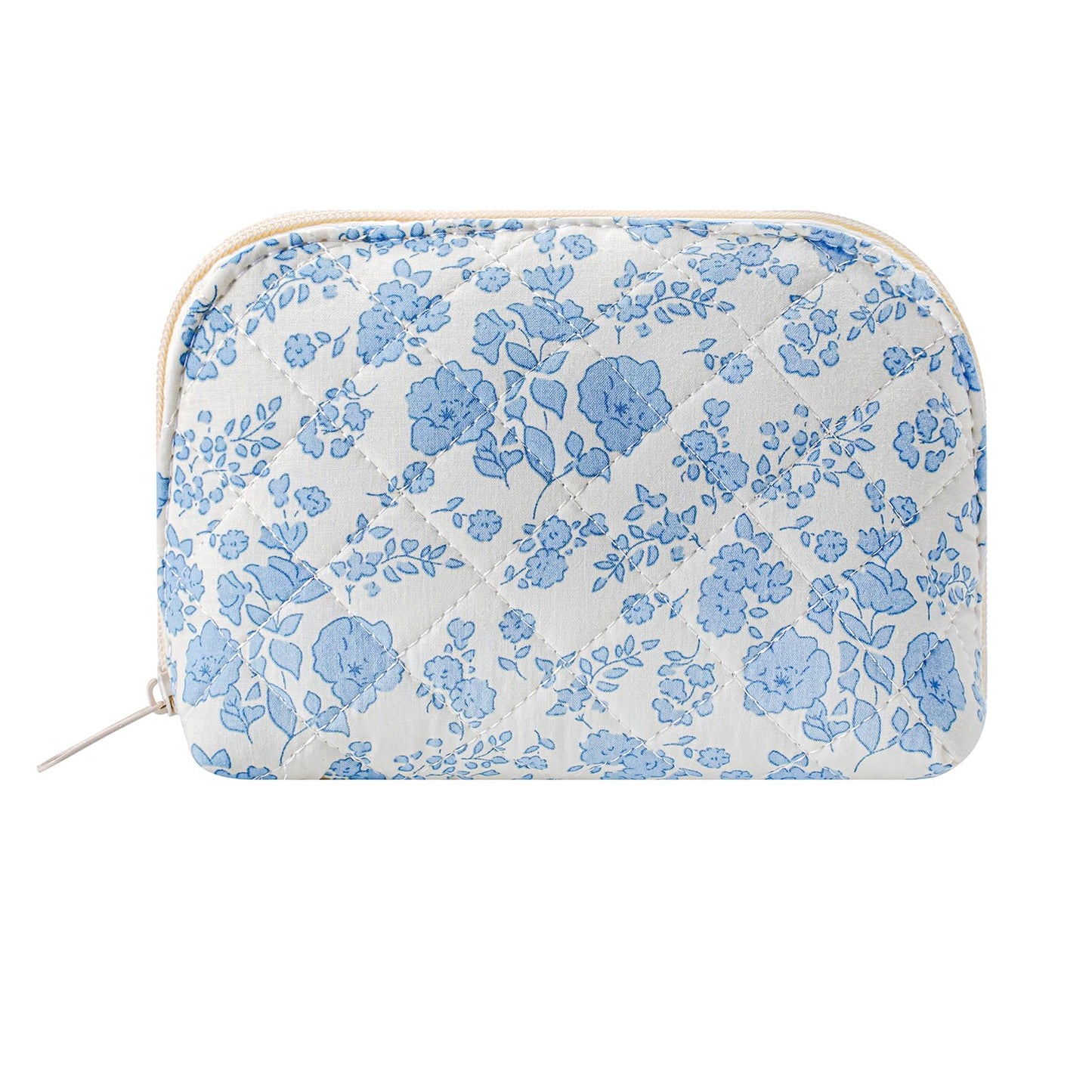 JOVAKIT Quilted Conch Shaped Makeup Bag Cosmetic Bag for Women, Floral Coquette Cotton Travel Makeup Case Toiletry Zipper Make Up Pouch, Travel Storage Organizer Stuff (Blue Floral)