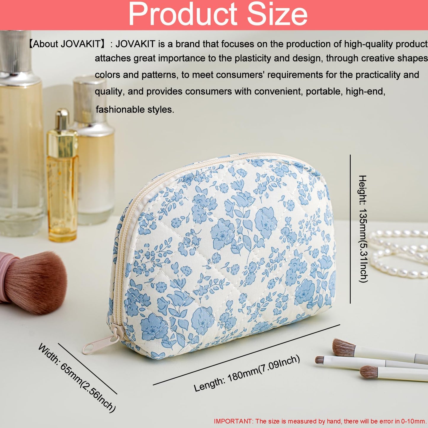 JOVAKIT Quilted Conch Shaped Makeup Bag Cosmetic Bag for Women, Floral Coquette Cotton Travel Makeup Case Toiletry Zipper Make Up Pouch, Travel Storage Organizer Stuff (Blue Floral)