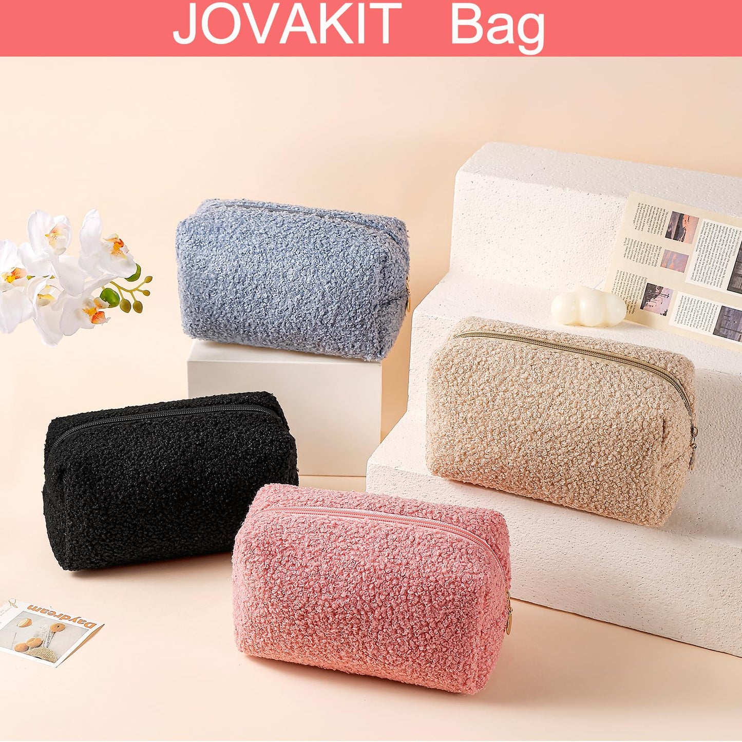 JOVAKIT Travel Makeup Bag Cosmetic Bag for Women, Fashion Christmas Gifts, Plush Zipper Make Up Pouch, Large Capacity Toiletry Organizer Makeup, Portable Storage Bag Trendy Stuff (White)