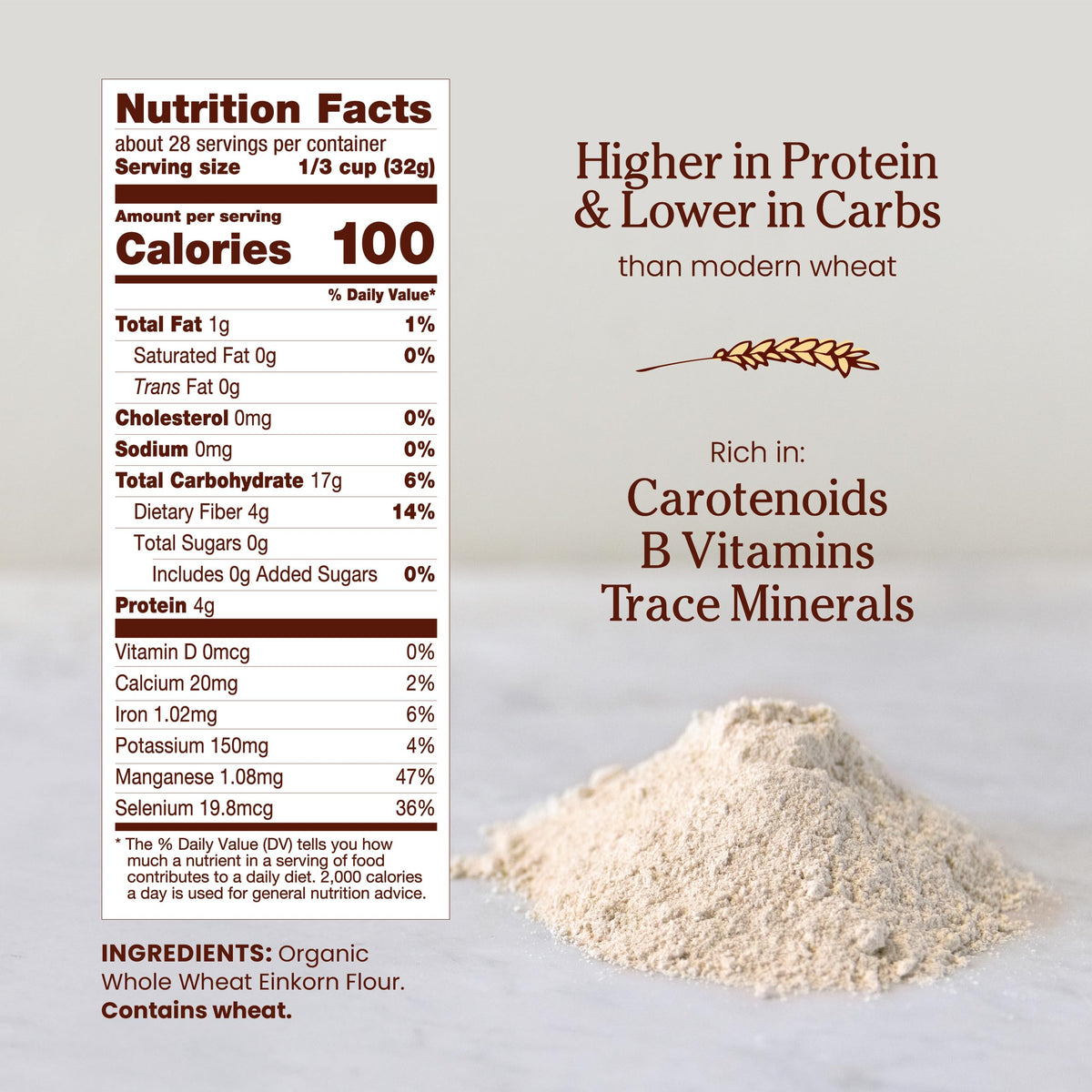 Jovial Organic Einkorn Whole Wheat Flour - 2 lb Pack | Non-GMO, Organic, Glyphosate-Free for Sourdough, Pizza & Pasta