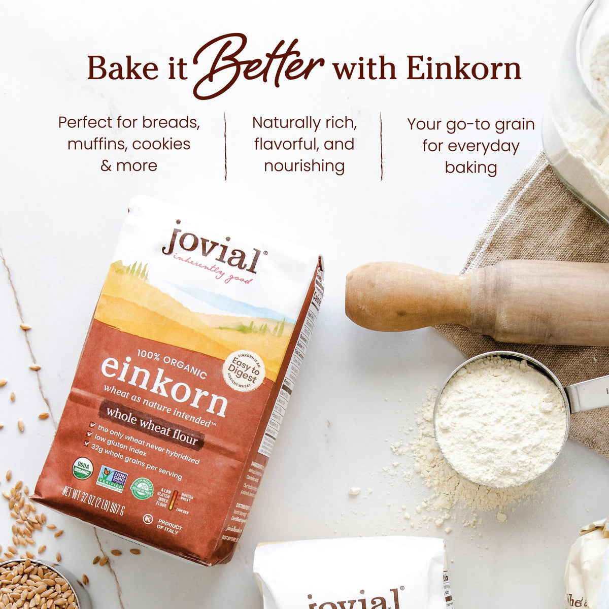 Jovial Organic Einkorn Whole Wheat Flour - 2 lb Pack | Non-GMO, Organic, Glyphosate-Free for Sourdough, Pizza & Pasta
