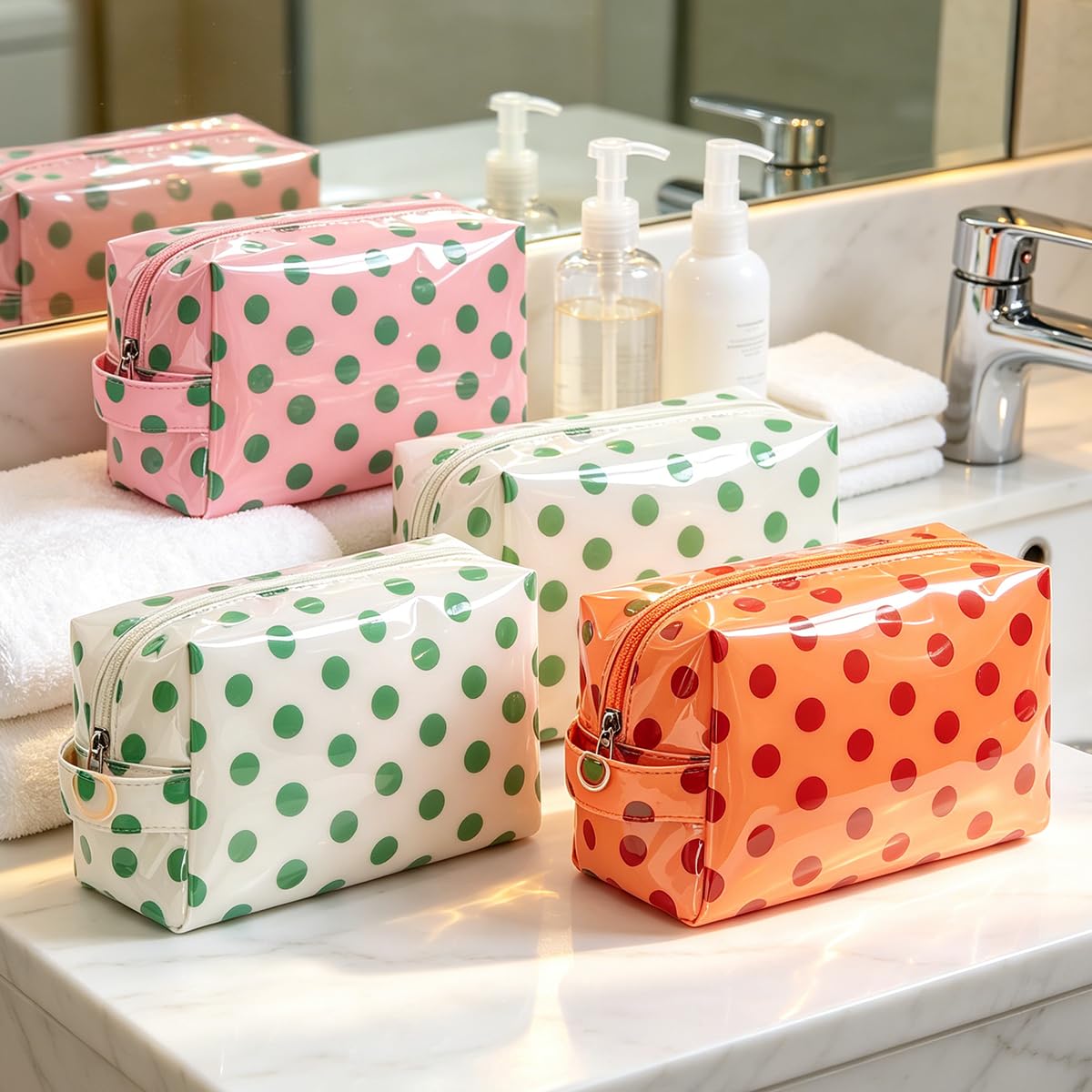 JQWYGB Small Polka Dots Cosmetic Bags Women’s PVC Makeup Purse Waterproof Toiletry Bag Multi-Use Cosmetic Pouch Travel Work
