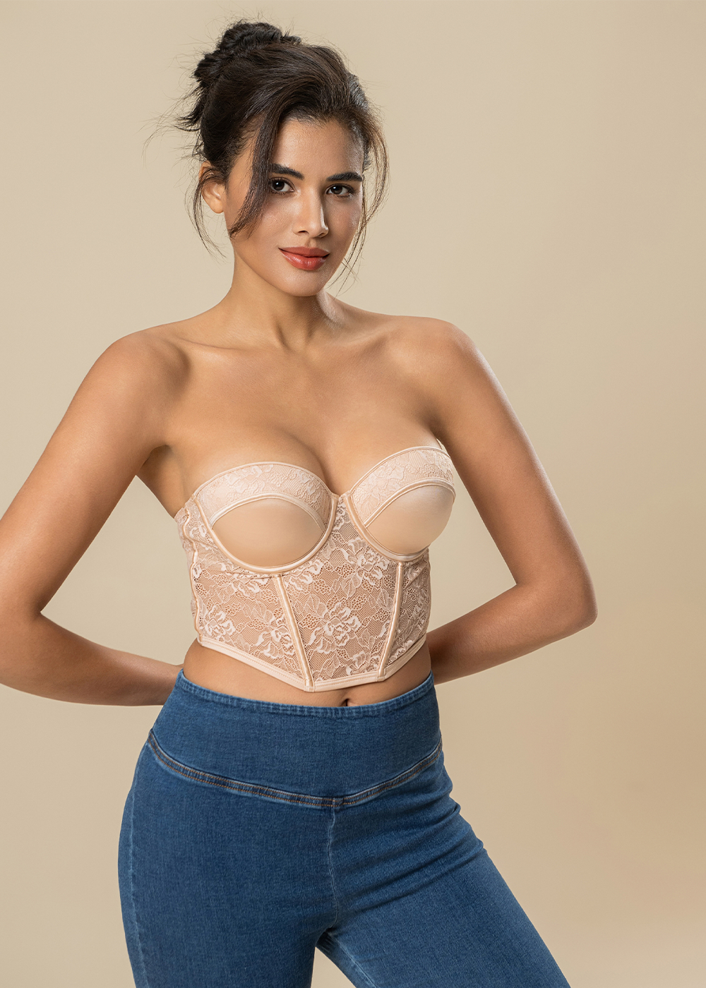 JUNO Nude Floral Lace Wired Balconette Long Demi Bra