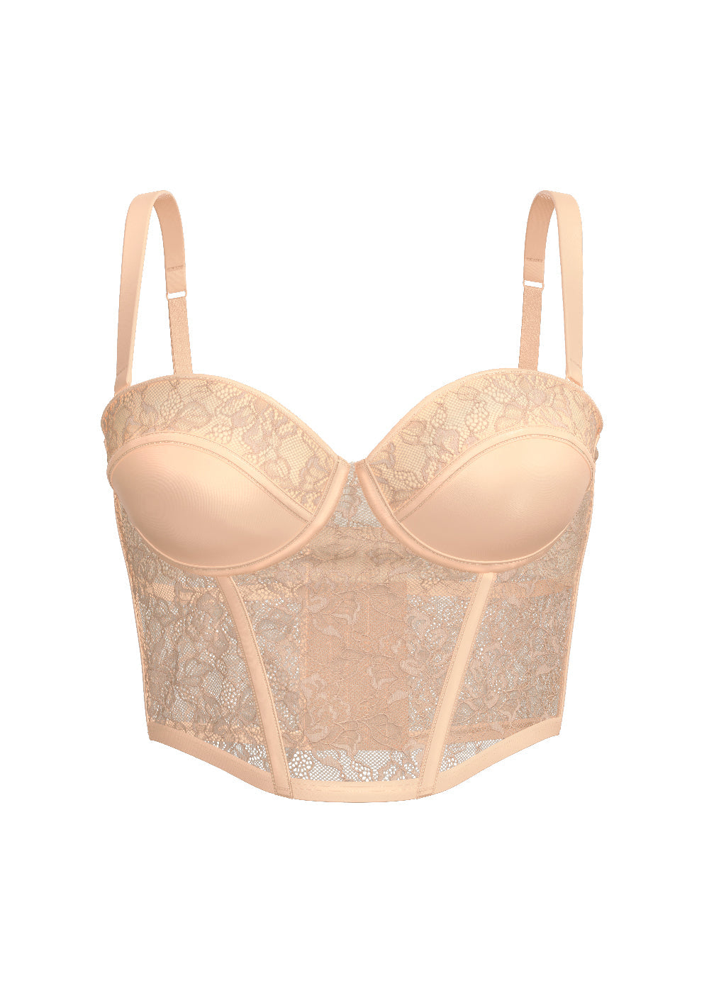 JUNO Nude Floral Lace Wired Balconette Long Demi Bra