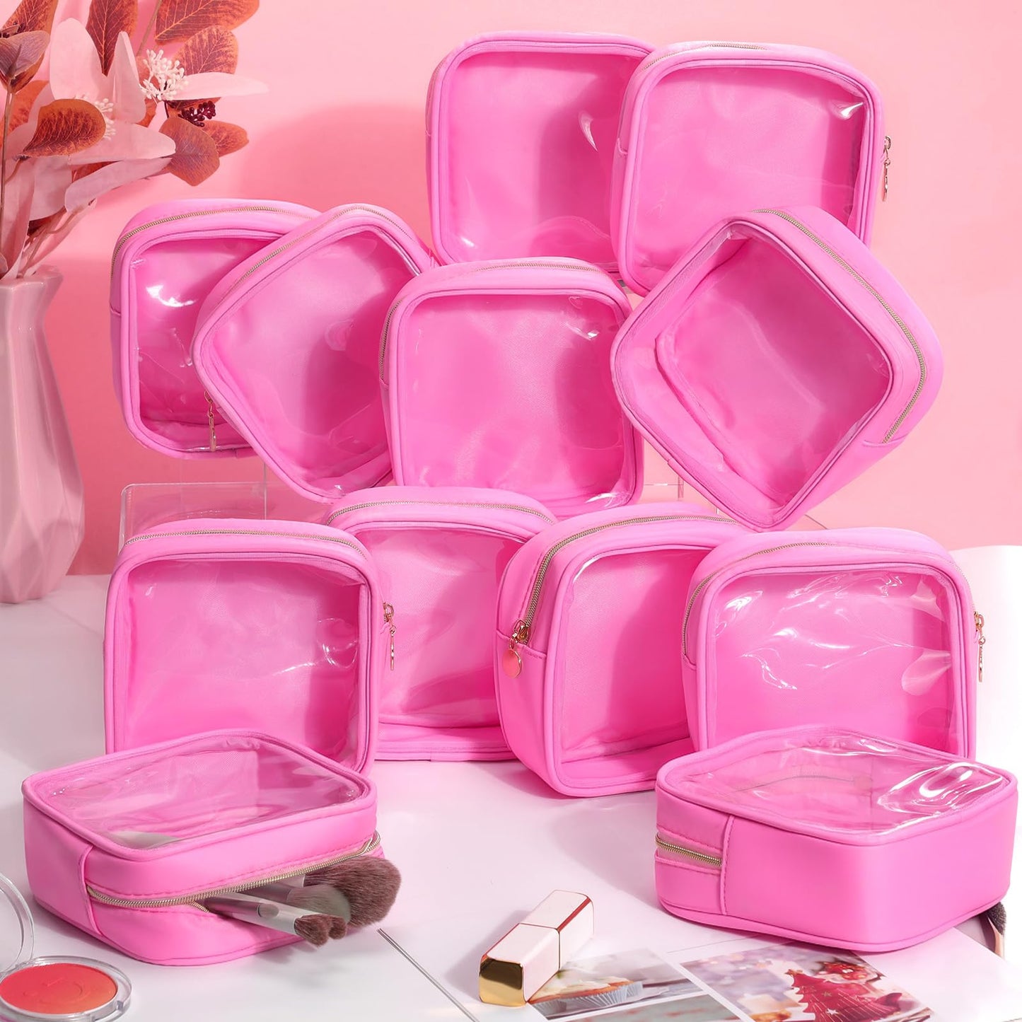 Kacctyen 12 Pcs Mini Square Makeup Bag 5.12 Inch Small Pink Nylon Pouch for Purse Mini Transparent Nylon Pouch with Zipper Small Cosmetic Travel Makeup Bag Purse Organizer for Women