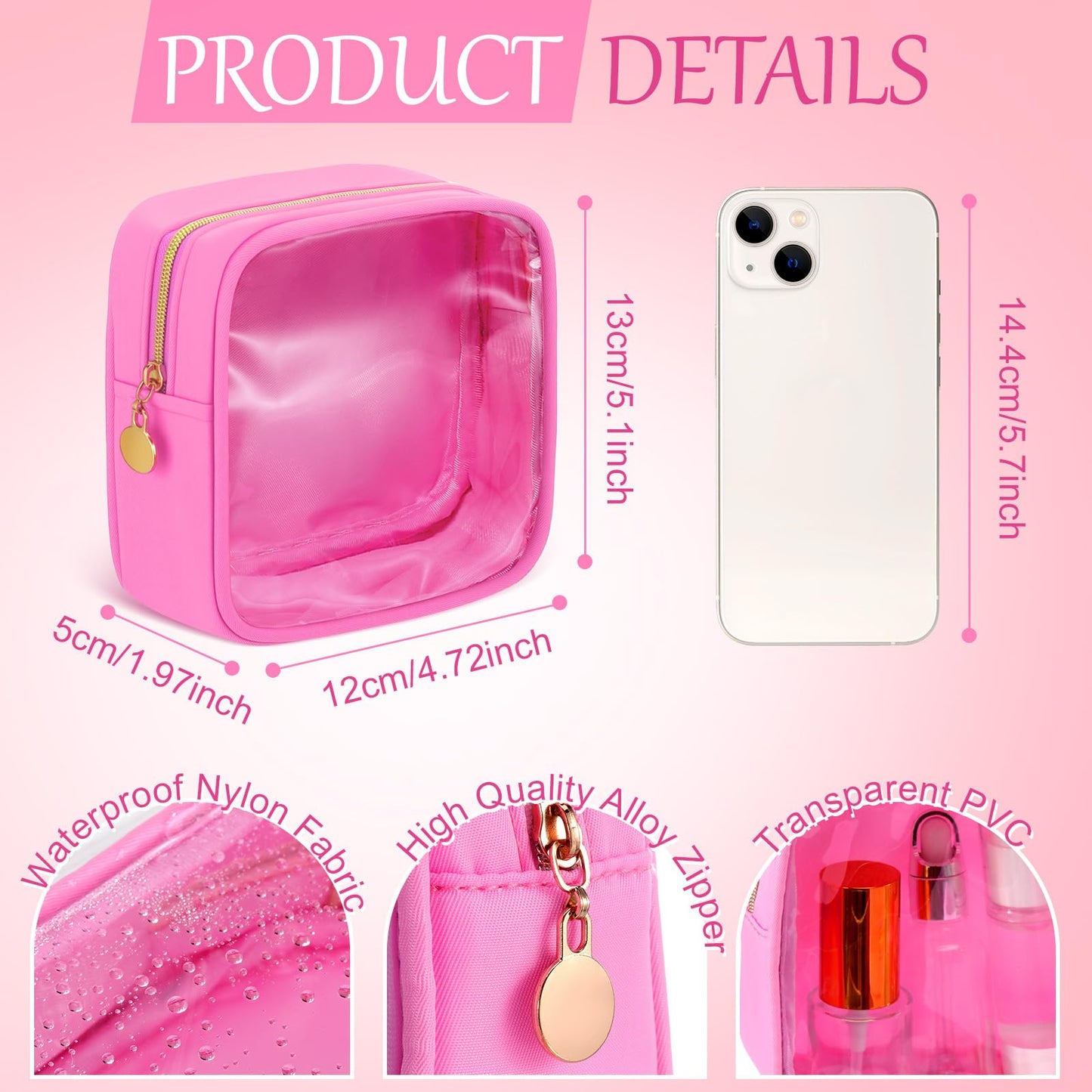 Kacctyen 12 Pcs Mini Square Makeup Bag 5.12 Inch Small Pink Nylon Pouch for Purse Mini Transparent Nylon Pouch with Zipper Small Cosmetic Travel Makeup Bag Purse Organizer for Women
