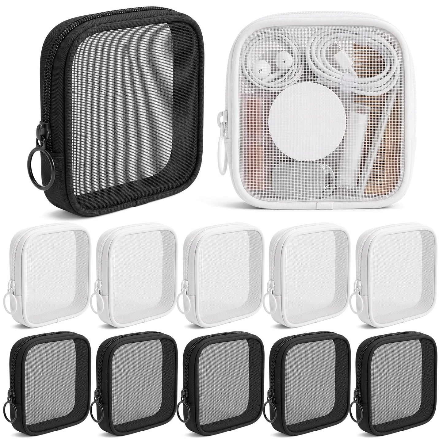 Kacctyen 12 Pcs Mini Zipper Nylon Mesh Pouch, Black,White
