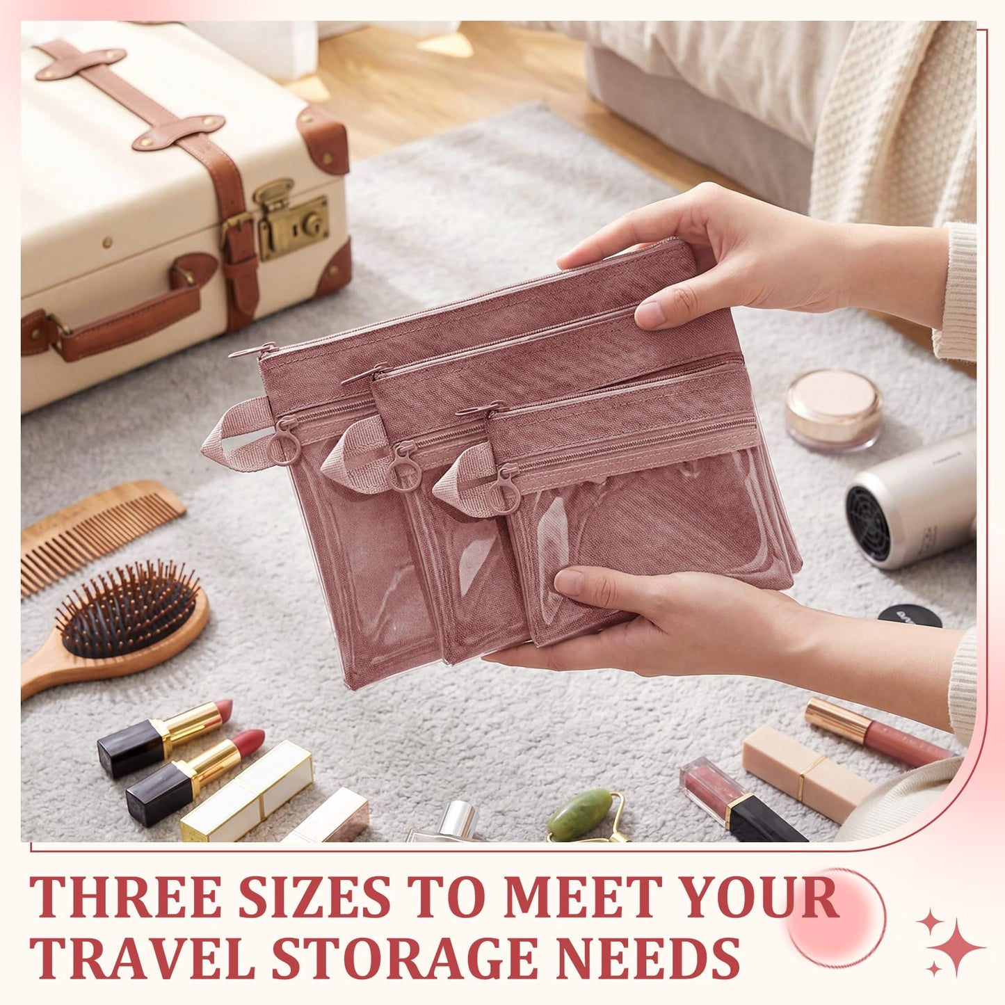 Kacctyen 3 Pack Clear Makeup Bag Set for Women, Pouch with Zipper Cosmetic Pouches Waterproof PVC Toiletry Bag Travel Purse Organizer Insert Double-layer Pocket for Small Items Storage(Pink)