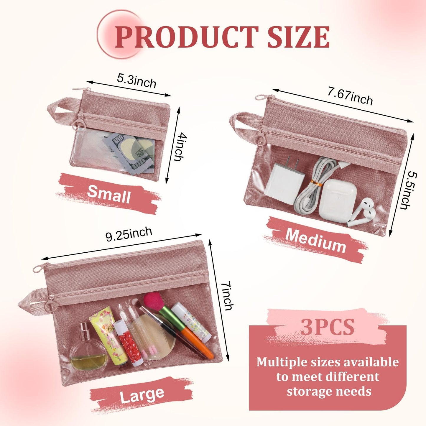 Kacctyen 3 Pack Clear Makeup Bag Set for Women, Pouch with Zipper Cosmetic Pouches Waterproof PVC Toiletry Bag Travel Purse Organizer Insert Double-layer Pocket for Small Items Storage(Pink)
