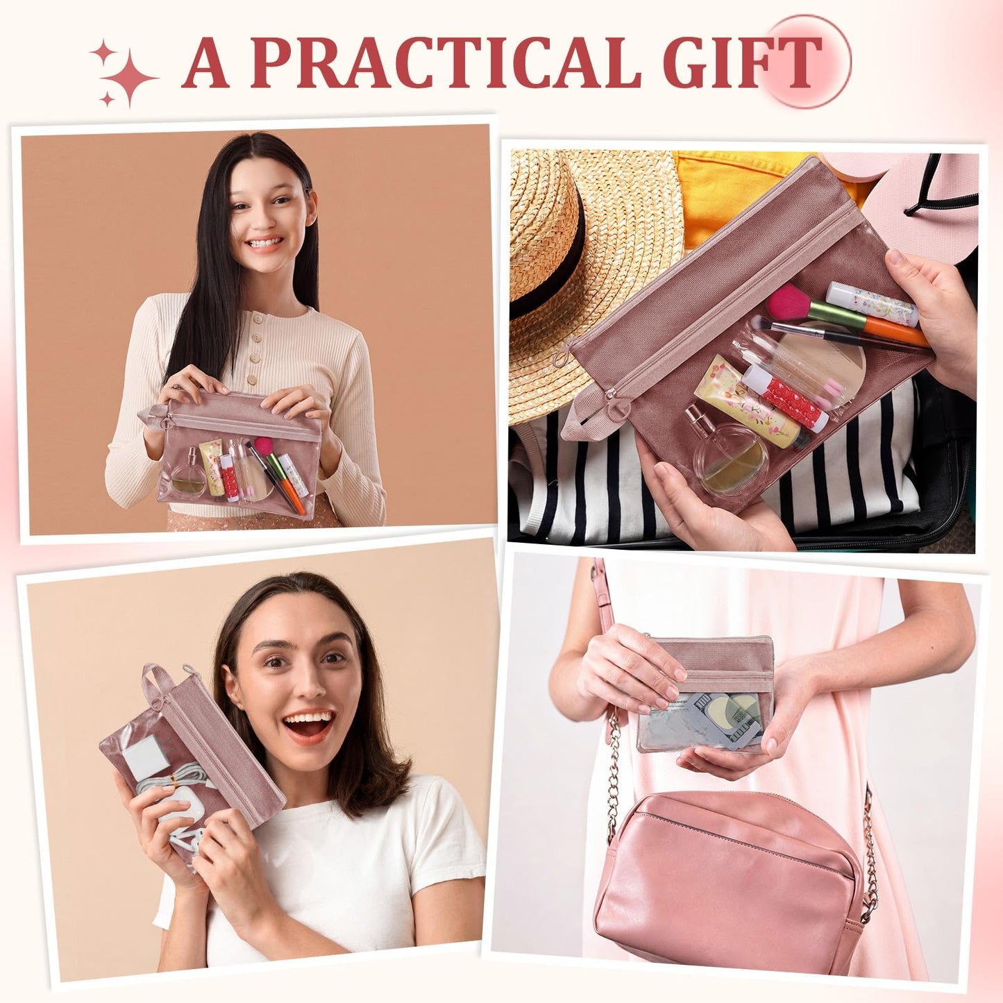 Kacctyen 3 Pack Clear Makeup Bag Set for Women, Pouch with Zipper Cosmetic Pouches Waterproof PVC Toiletry Bag Travel Purse Organizer Insert Double-layer Pocket for Small Items Storage(Pink)