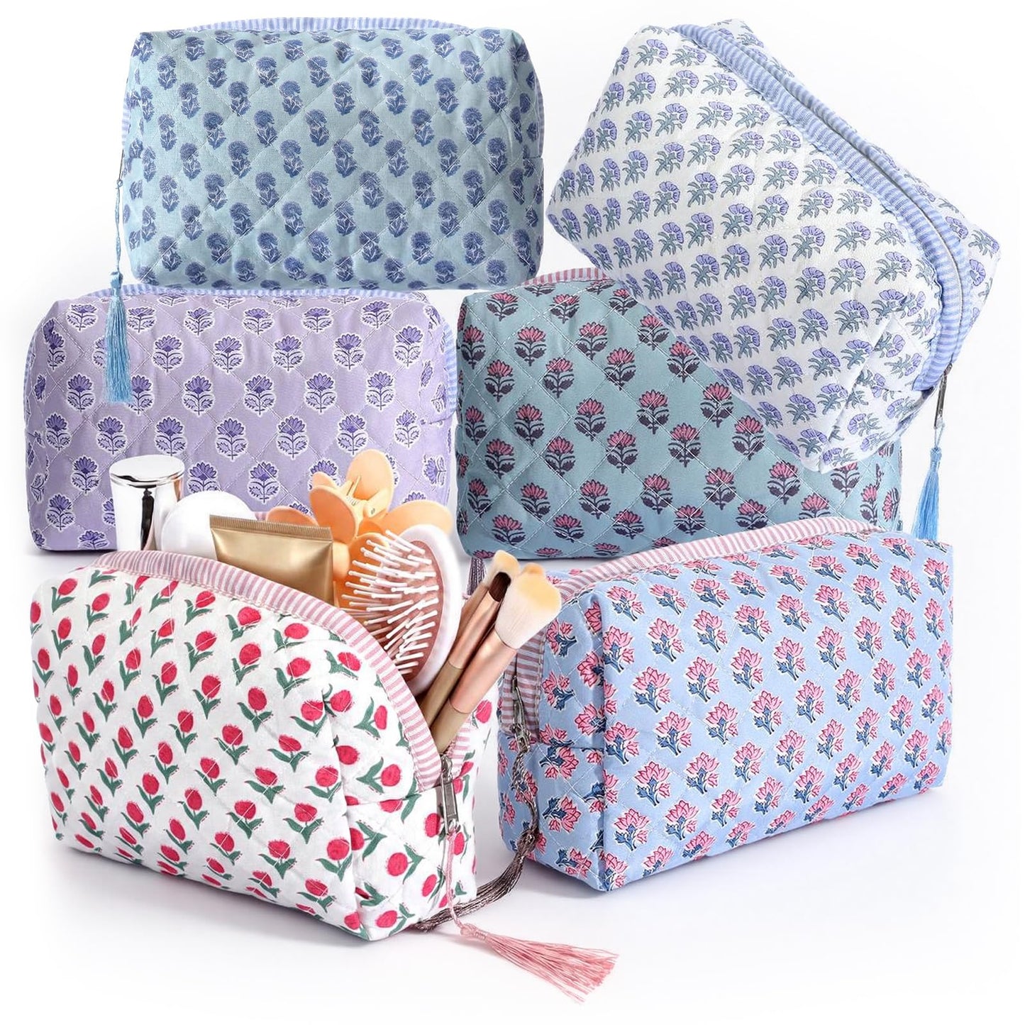 Kacctyen 6 Pcs Block Print Makeup Bags Cotton Quilted Blue Toiletry Makeup Bag with Tassel Flower Pouch Emergency Travel Toiletry Bridesmaid Engagement Bridal Shower Gift for Women (Blue Ditsy)