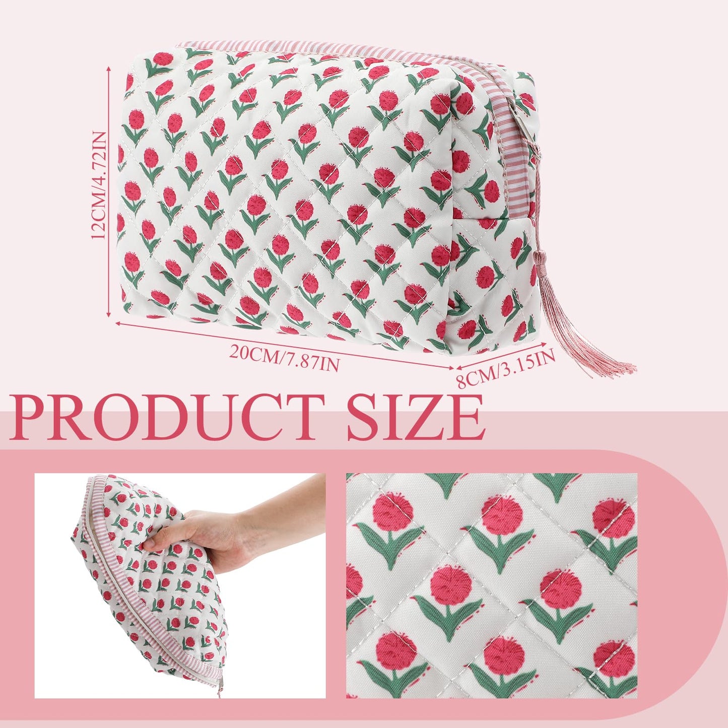 Kacctyen 6 Pcs Block Print Makeup Bags Cotton Quilted Blue Toiletry Makeup Bag with Tassel Flower Pouch Emergency Travel Toiletry Bridesmaid Engagement Bridal Shower Gift for Women (Blue Ditsy)