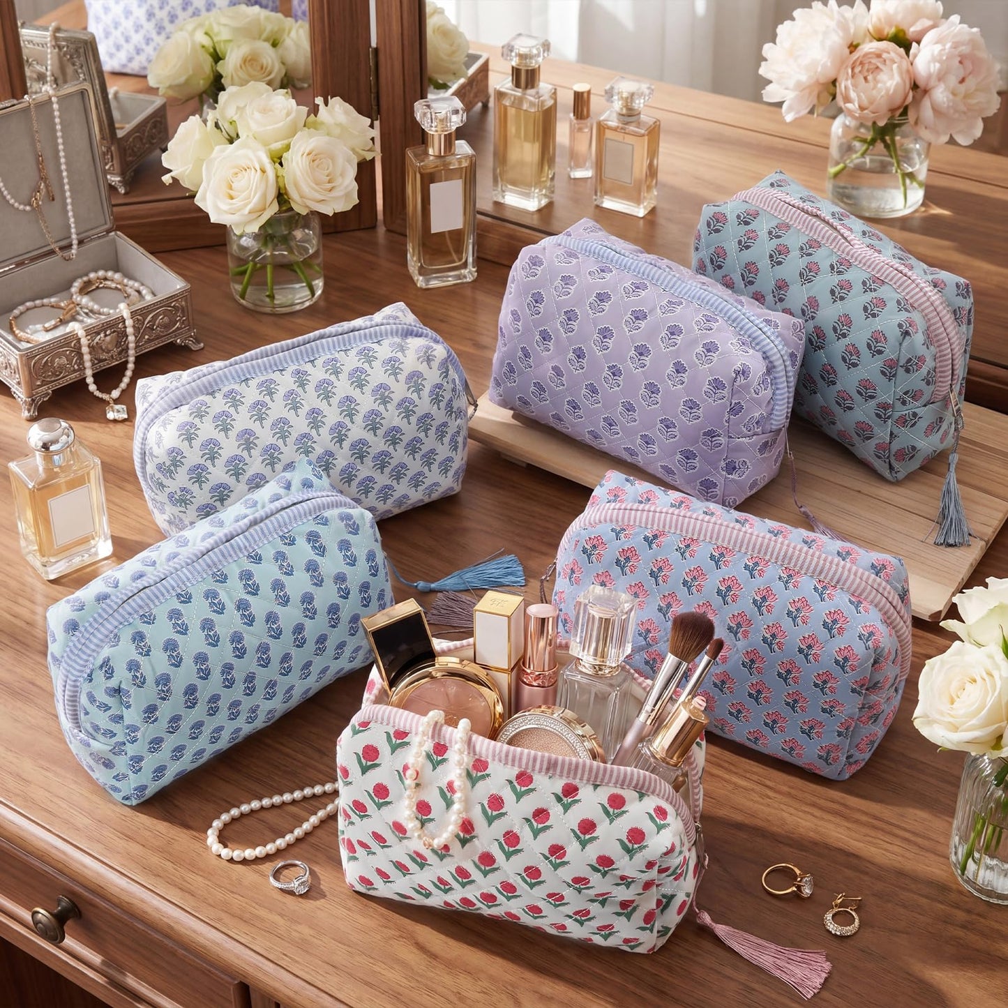 Kacctyen 6 Pcs Block Print Makeup Bags Cotton Quilted Blue Toiletry Makeup Bag with Tassel Flower Pouch Emergency Travel Toiletry Bridesmaid Engagement Bridal Shower Gift for Women (Blue Ditsy)