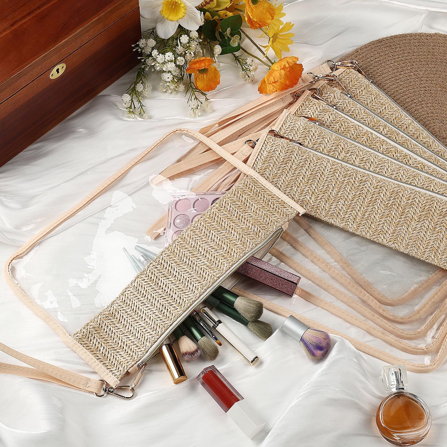 Kajaia 6 Pcs Boho Clear Cosmetic Bags Flat Zipper Pouches for Women Small Toiletry Makeup Bag Waterproof Cosmetic Pouch Clear Zipper Pouches Portable Organizer Makeup Pouch for Travel(Boho Beige)