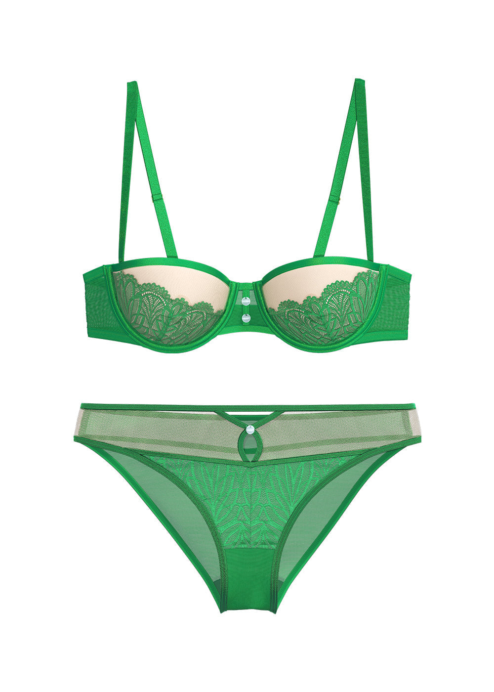 KALINA Green Leaf-Patterned Lace Plus Bra & Panty Set