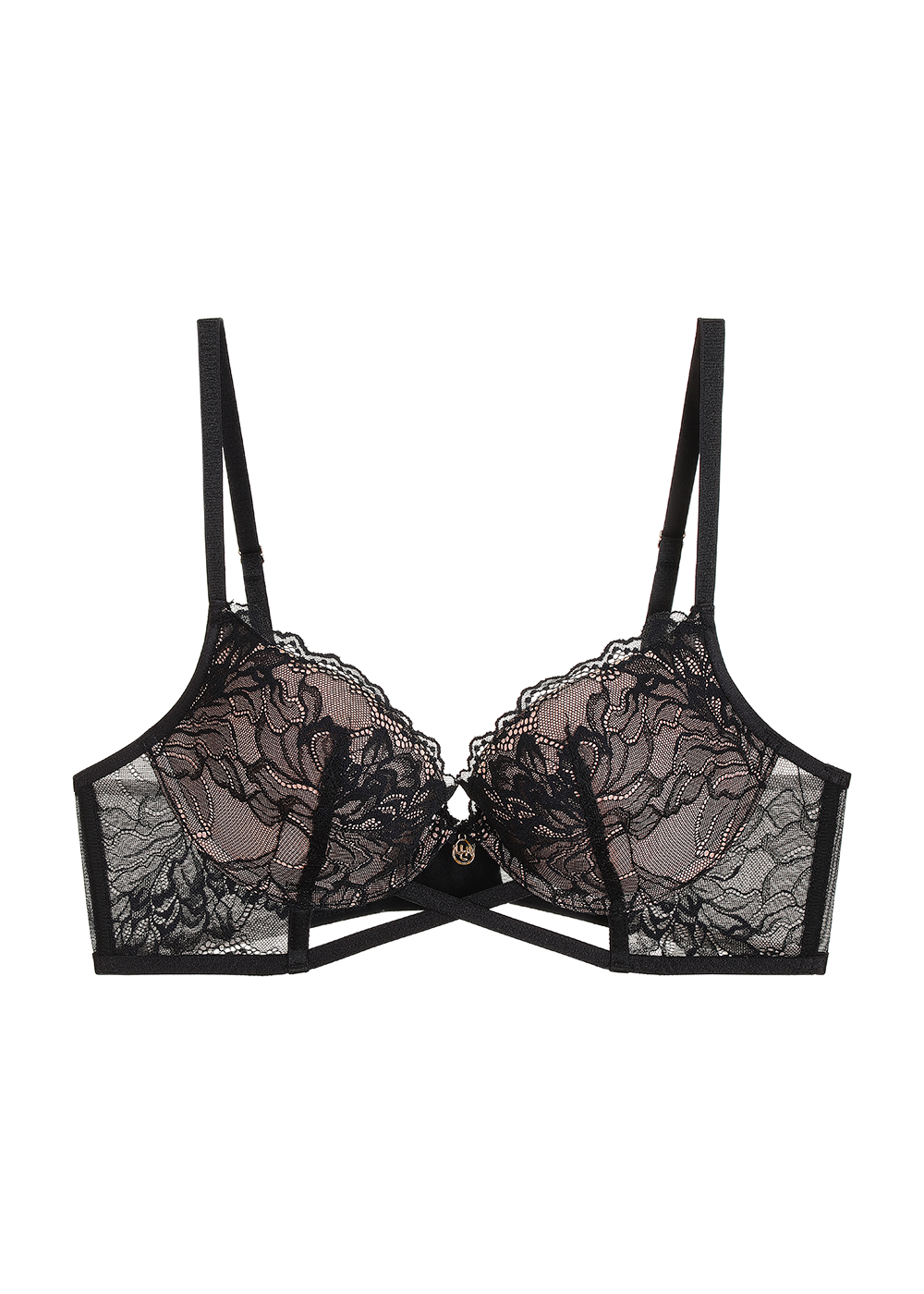 KAREN Plus Black Lace Push-up Underwired Demi Bra with Molded Padded Cup