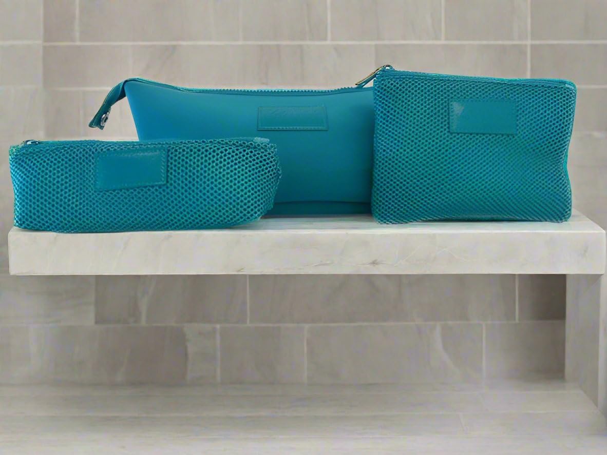 Kat Myhr Neoprene Washable Travel Makeup & Cosmetic Bag Set, 2 Air Mesh Pouches,100% Neoprene Toiletry Bag, Large Water Resistant Travel Bag for Toiletries, Makeup Cosmetic Travel Bag (Turquoise)
